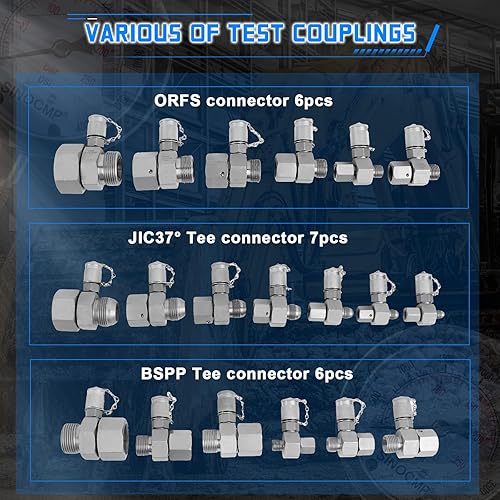 Miniatura 17 de SINOCMP Kit de prueba de presión hidráulica con 3 calibres (25/40/60Mpa), 12 acoplamientos de prueba, 3 mangueras de prueba (64 pulgadas) kit