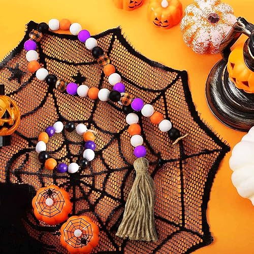 Miniatura 6 de 150 cuentas redondas de madera de Halloween, cuentas coloridas a cuadros de búfalo, cuentas espaciadoras de madera rústicas con cuerda de cáñamo