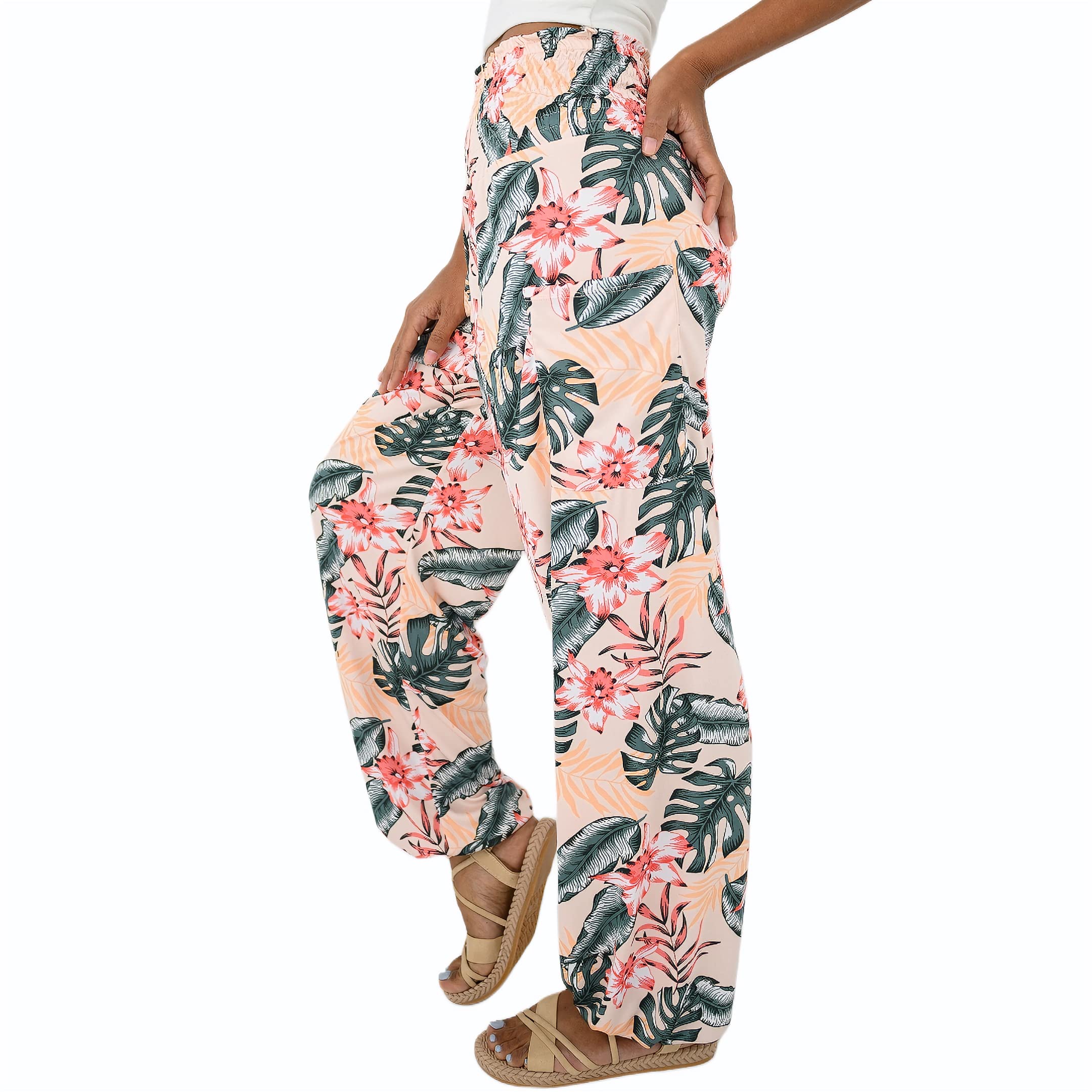 Anthika Women's Harem Pants High Waist Hippie Boho Yoga Palazzo Casual with Pockets (XXL,3XL, Plus, Regular, Salmon Pink Flower, Relaxed)