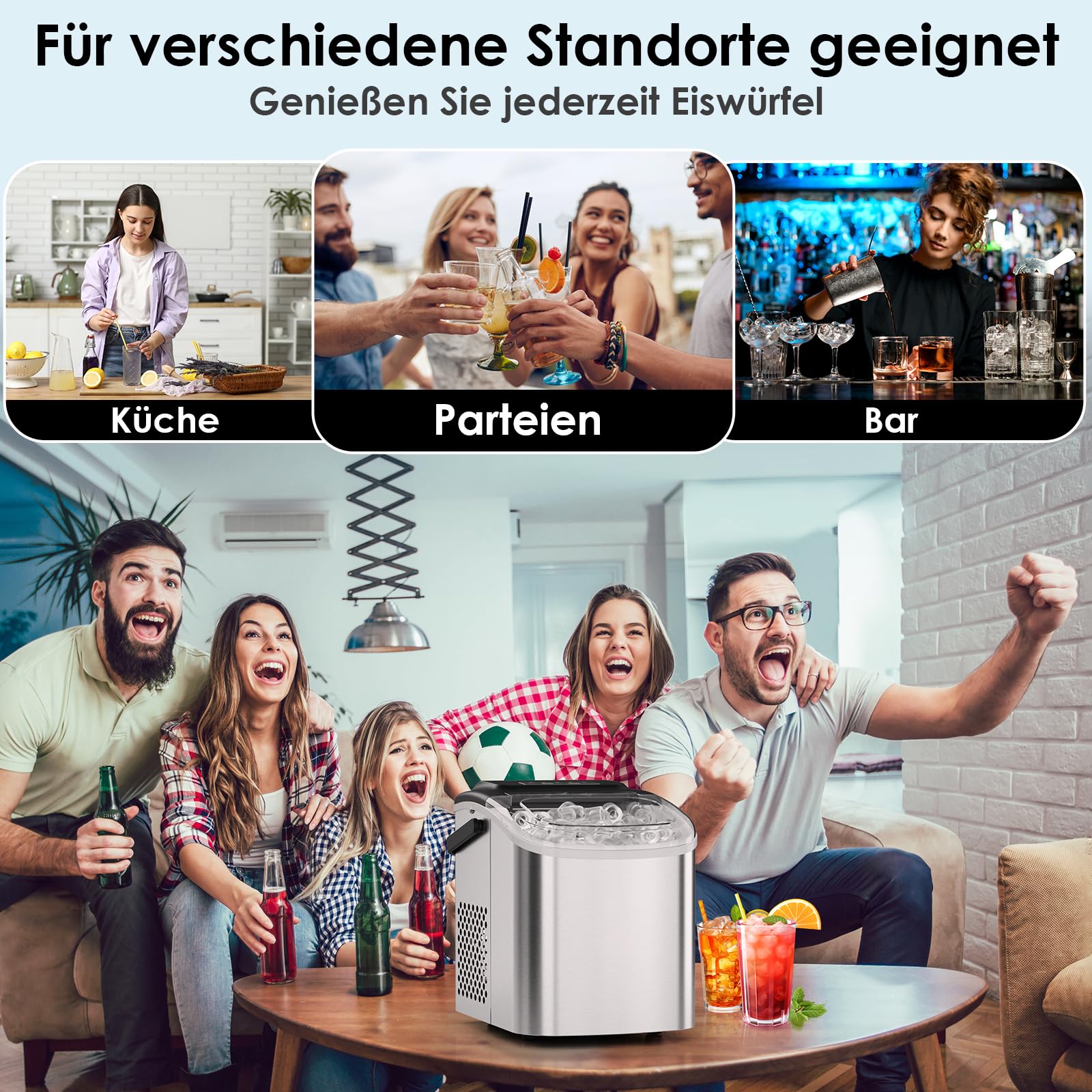 Machine a Glacons,12kg en 24h,9PCS Glaçons en 6-12 Minutes, 2 Tailles de Glaçons, Machine à Glaçons Silencieuse avec Poignée Portable, Capteur Infrarouge et Autonettoyante pour la Maison/Fête/Camping