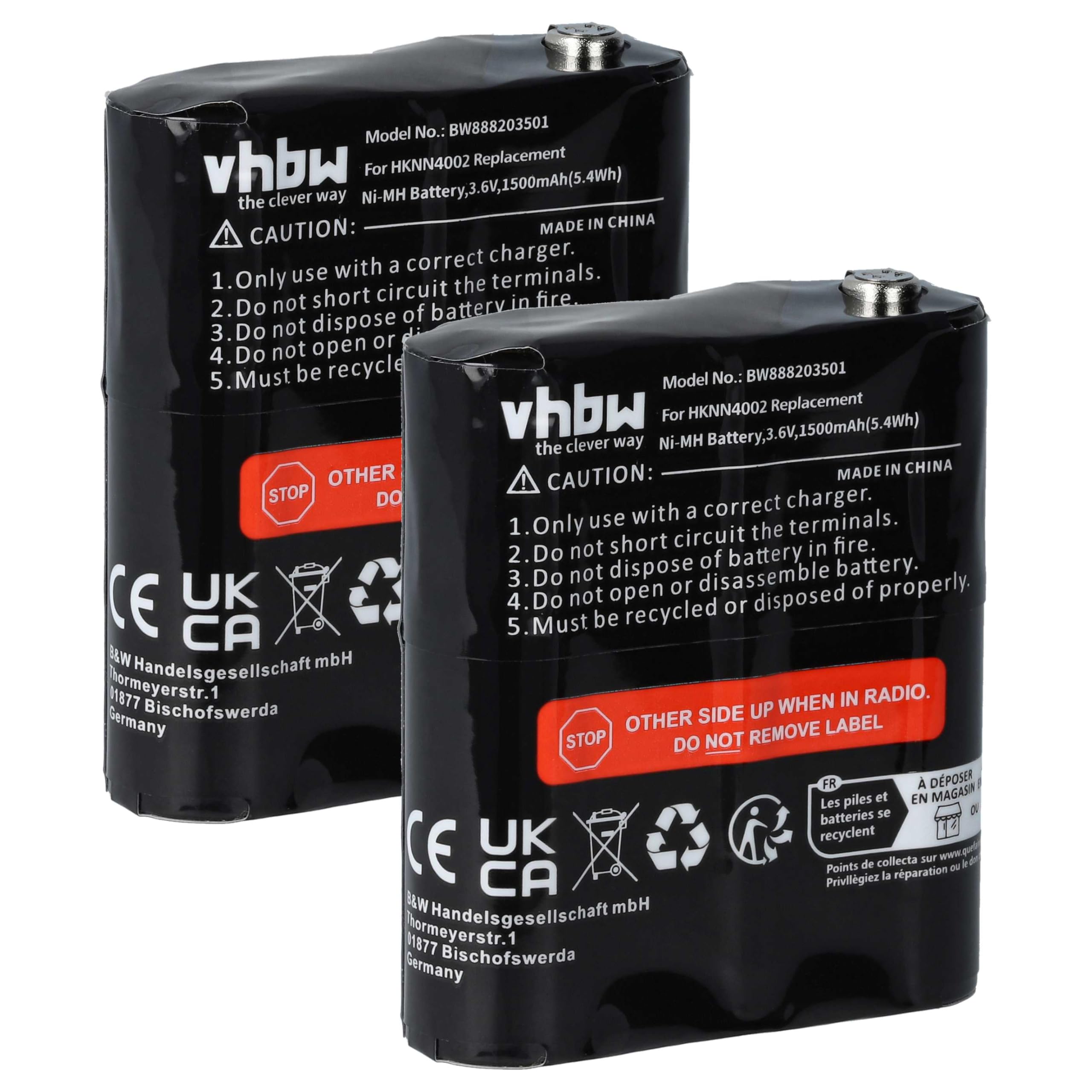 vhbw 2 x akumulator zastępuje Motorola NNTN4385, PMNN4477, NNTN4384, PMNN4477A, PMNN4477AR do radia (1500mAh, 3,6V, NiMH)