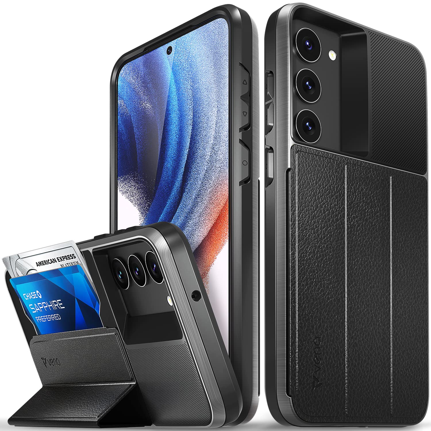 Vena vCommute Wallet Case Compatible with Samsung Galaxy S23 Plus (2023), (Military Grade Drop Protection) Flip Leather Cover Card Slot Holder with Kickstand - Space Gray