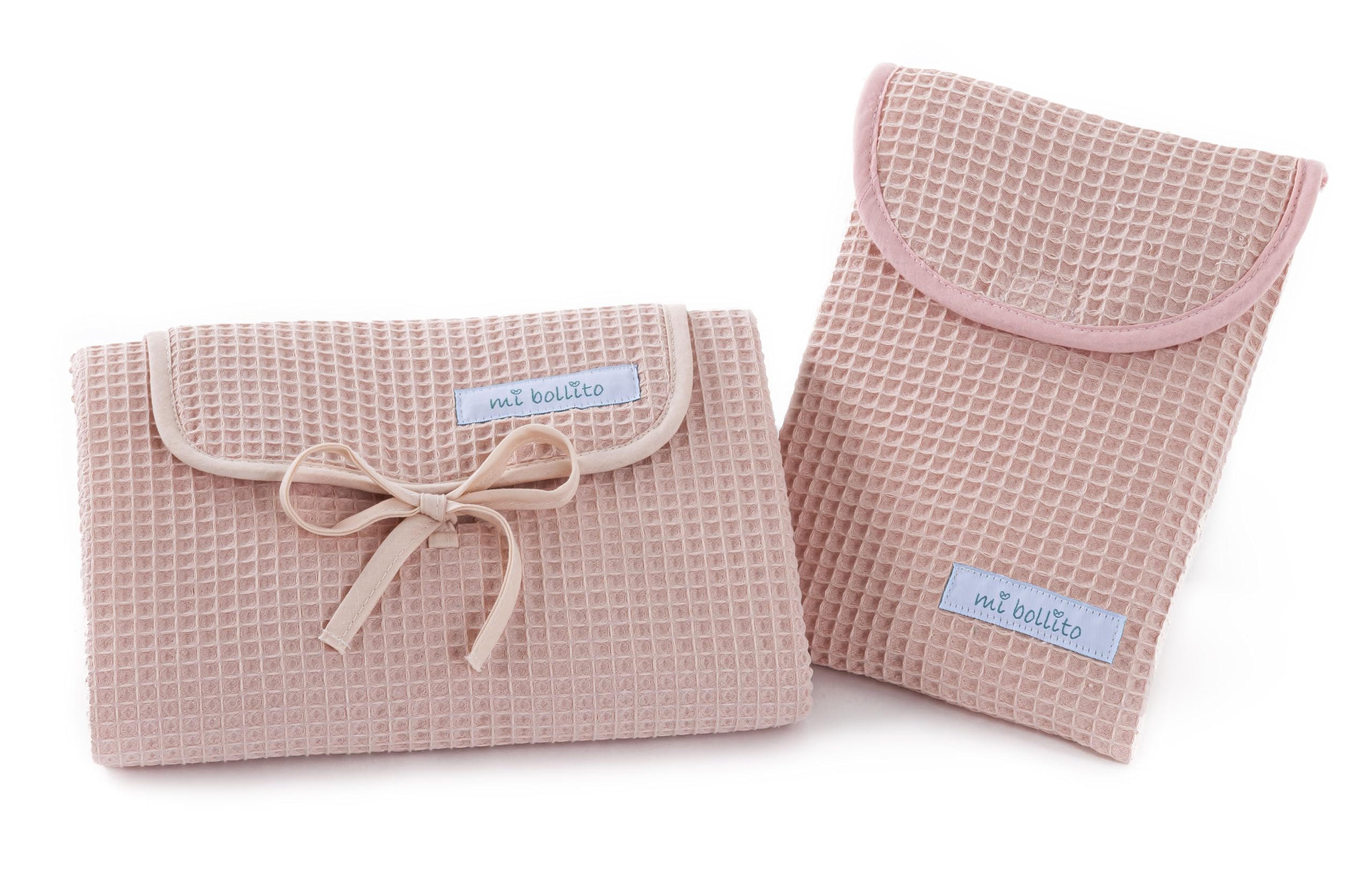 Mi bollito Set of 2, Waterproof Baby Changing Pad + Diaper Bag for Wipes and Diapers. Made entirely in Spain. (Pastel Pink)