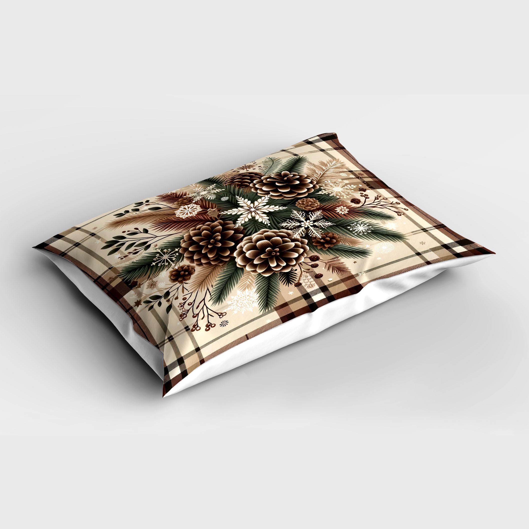 Ambesonne Christmas Pillow Sham Set of 2, Traditional Xmas Pinecone and Leaves Ornate on Plaid Background Print, Quality Microfiber Bedding Item for All Seasons, 36