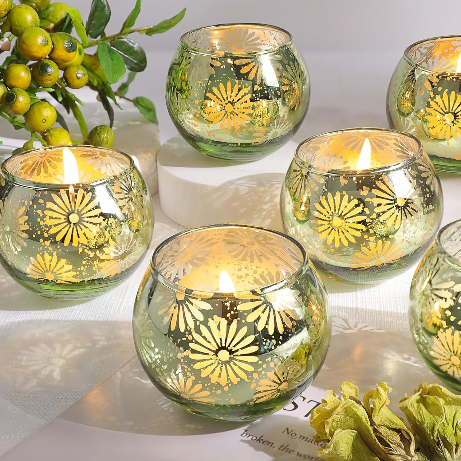 Green Mercury Glass Votive Candle Holders Set of 12, Round Tealight Candle Holders Bulk for Table Centerpieces, Weddings, Shower Gifts, Christmas, Halloween Party Decorations