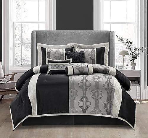 Stratford Park Juego de edredón negro y plateado, tamaño California King, juego de ropa de cama de 7 piezas a rayas para todas las estaciones