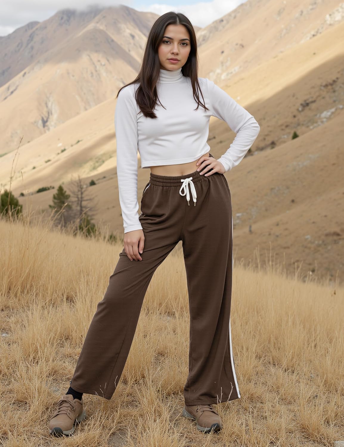 Quenteen Women's Wide Leg Pants Casual High Waisted Baggy Straight Sweatpants Drawstring Athletic Joggers with Pockets - Image 4