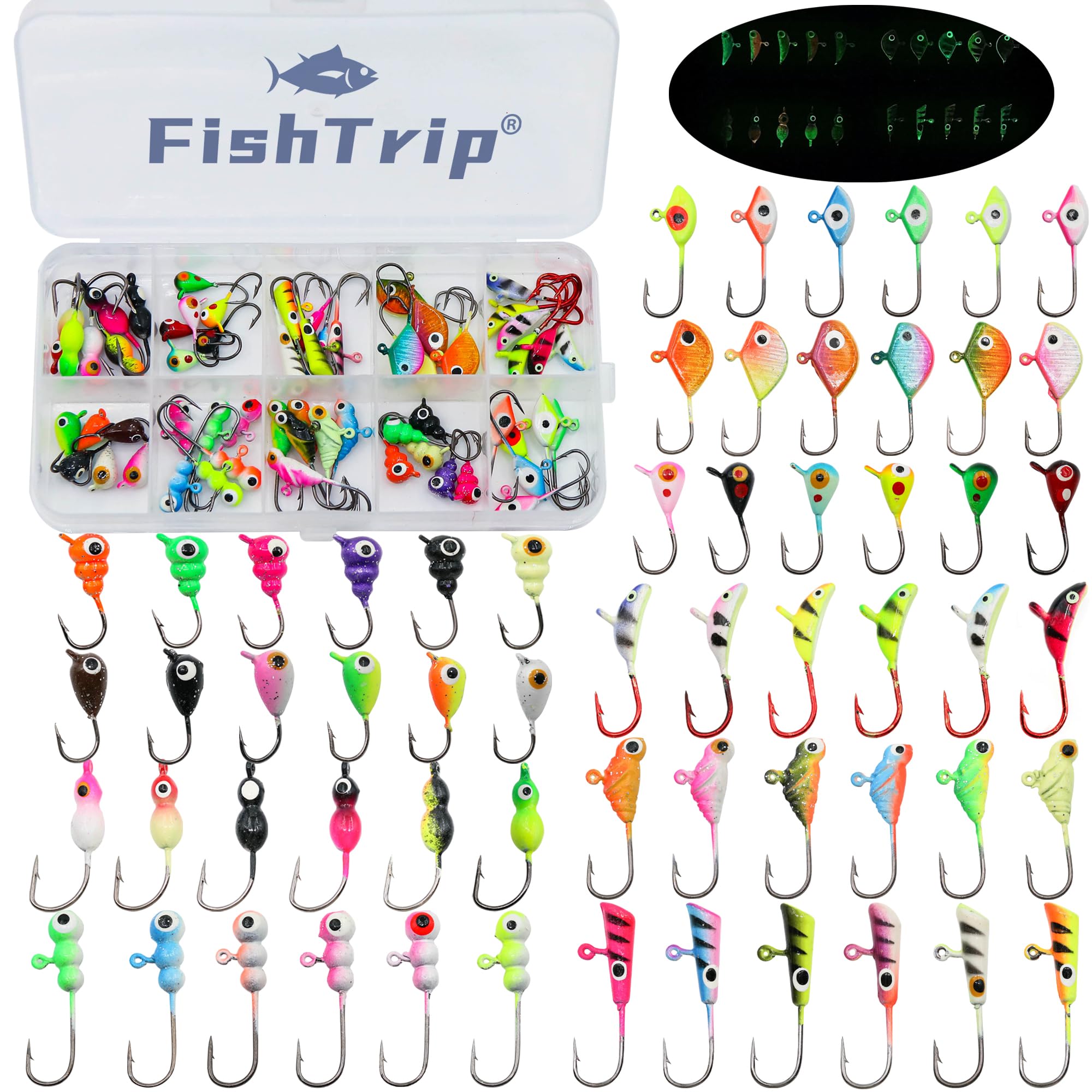 FishTrip Ice Fishing Jigs Kit, 30/60Pcs Glow Ice Fishing Lure Set for Winter Ice Jigging Crappie Sunfish Perch Panfish Walleye Pike Jigs, Ice Fishing