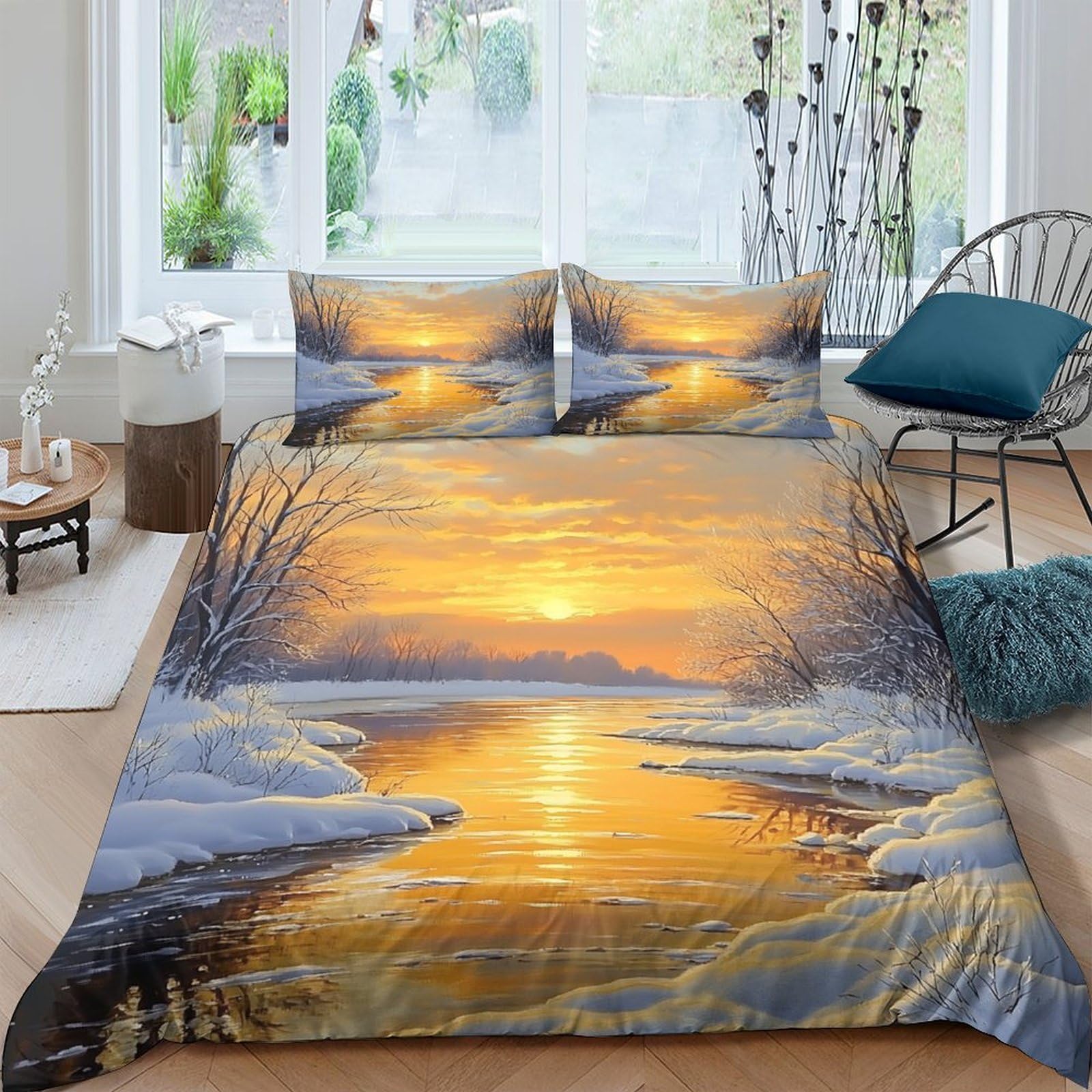 Ctjqhvkz Style-5 3D Printed Sunset Lake View Fitted Sheet Microfiber Soft Non-Slip Abstract Sunrise Mattress Cover For Bedroom Home Décor Single（135X200cm）