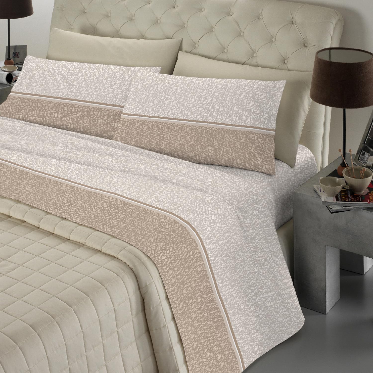 Banzaii - Completo Lenzuola Matrimoniale 100% Cotone Made in Italy, con Angolo h 30 cm, Ida Beige