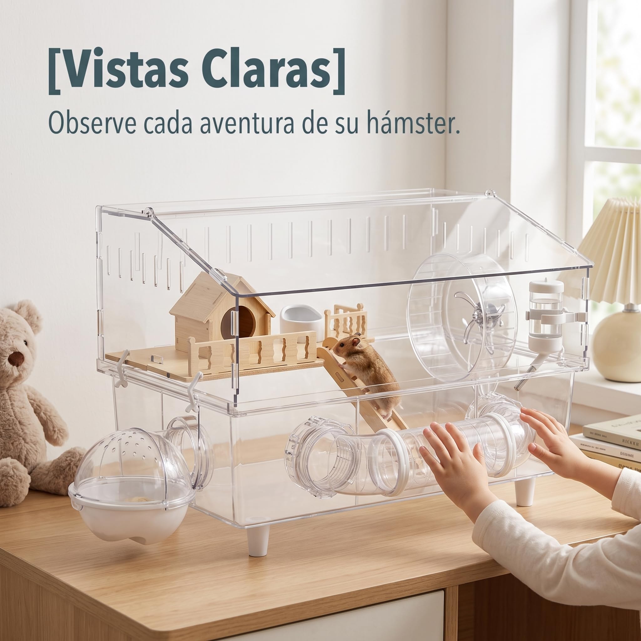 Jaula hámster Gran Transparente 2 Niveles, terrario hábitat con Tubos y casa para hámster, Jaula de Lujo de Villa elevada de 45 con túnel - Cabaña de Madera