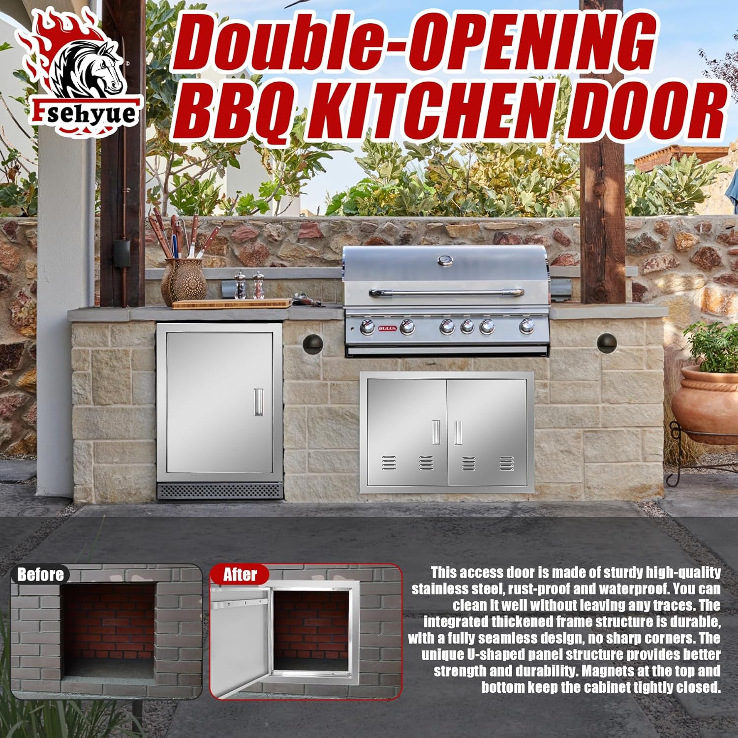 Outdoor Kitchen Door 33'' W x 22'' H Double BBQ Access Door Stainless Steel Flush Mount Doors Wall Vertical Doors with Handle Suitable for Grilling Station BBQ Island Outside Cabinet