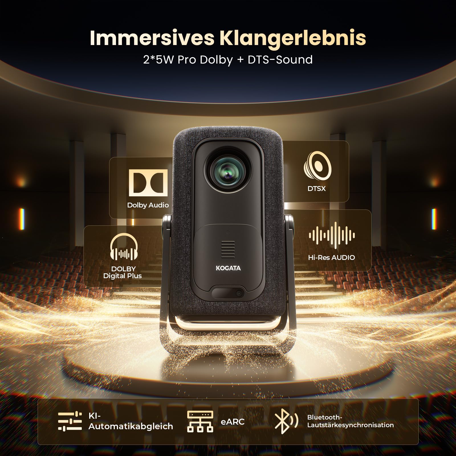 4K Smart Beamer | KOGATA Kurzdistanz 1.1:1, tragbar | Kompatibel mit Netflix-App | Dolby Audio & DTS | Autofokus & 6D Keystone | HDR10+, WiFi 6 & Bluetooth 5.4 | Heimkino, Outdoor & Garten Projektor