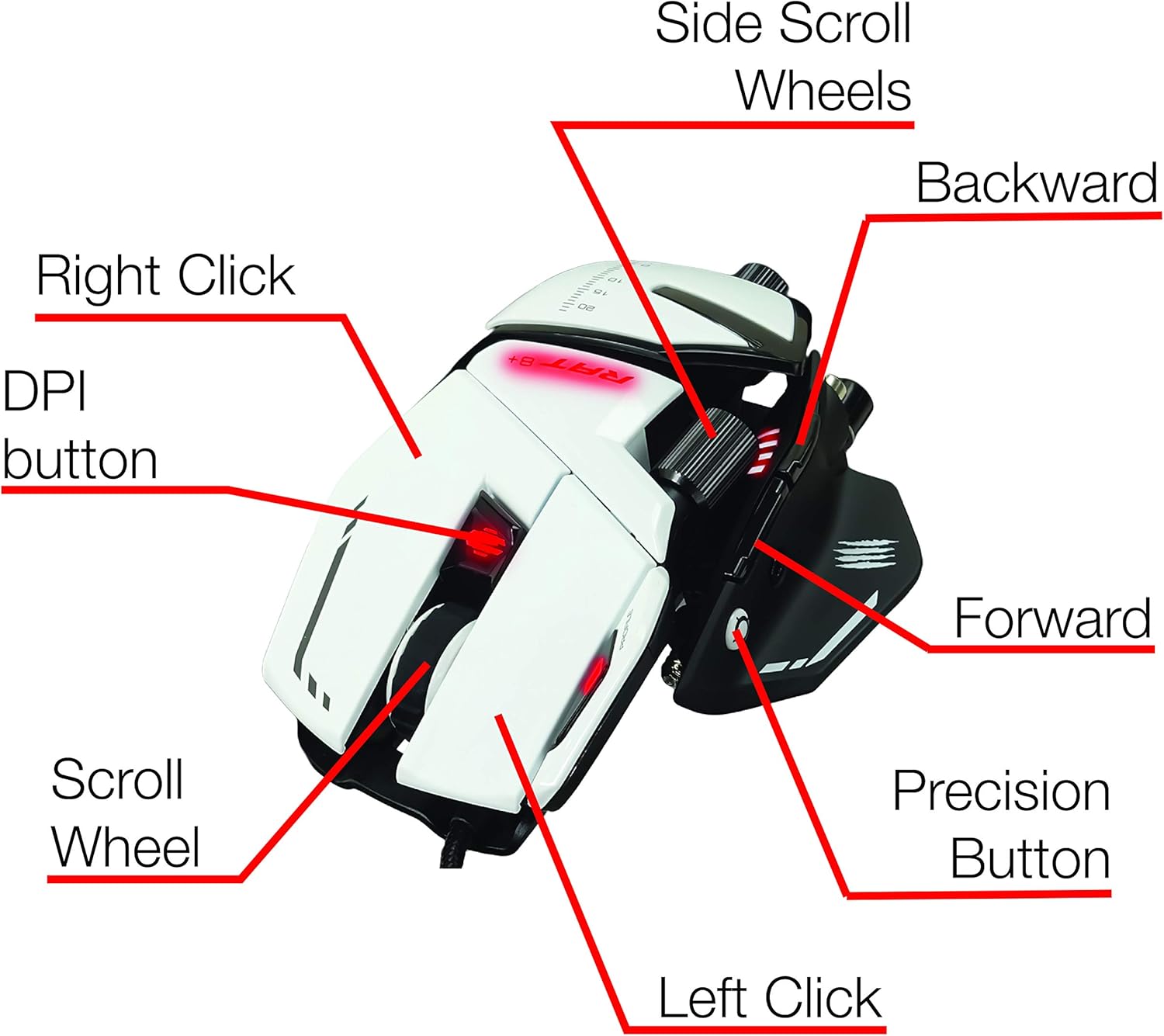 Best Quality 🔥 Mad Catz The Authentic R.A.T. 8+ Fully Adjustable Wired Gaming Mouse - 16000 DPI Optical Sensor - 11 Programmable Buttons and RGB Lighting - White