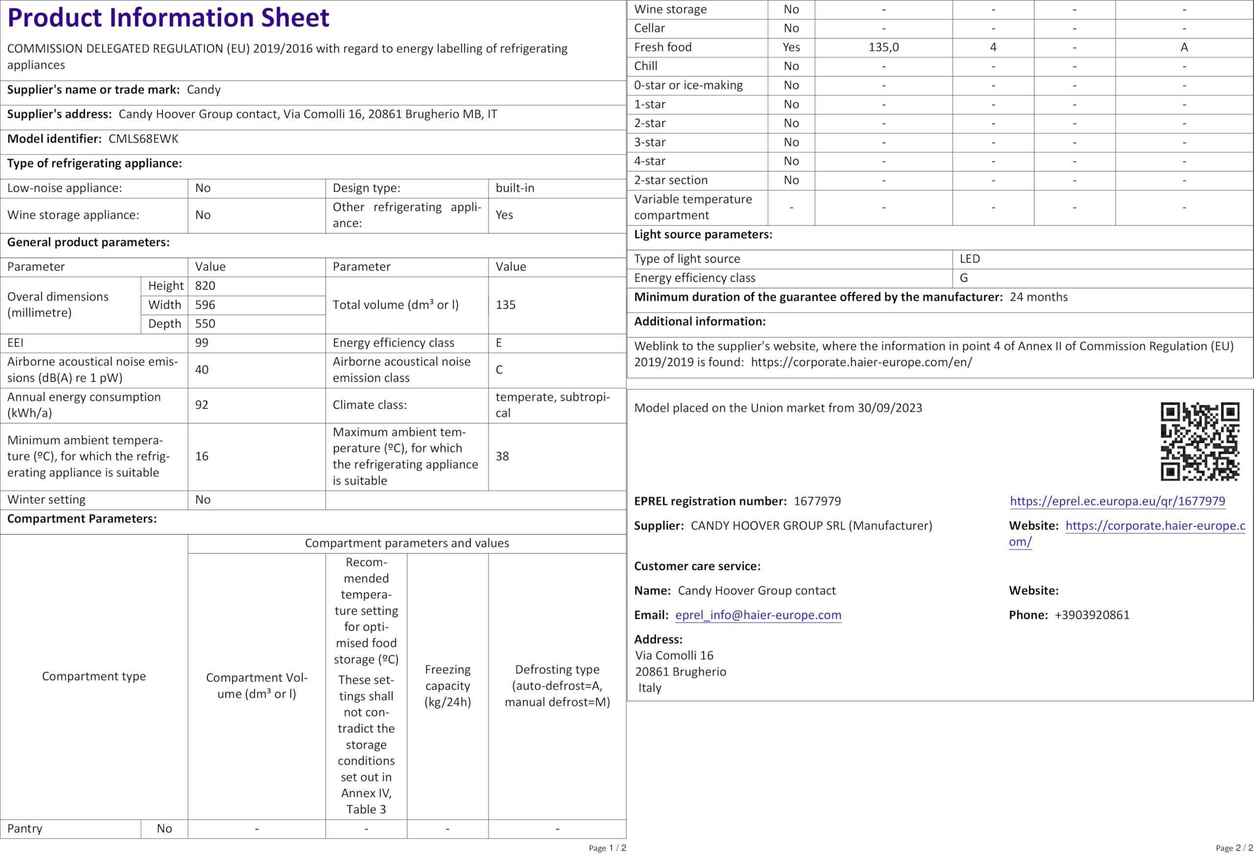 CANDY CMLS68EWK Integrated Undercounter Fridge 135L Total Capacity