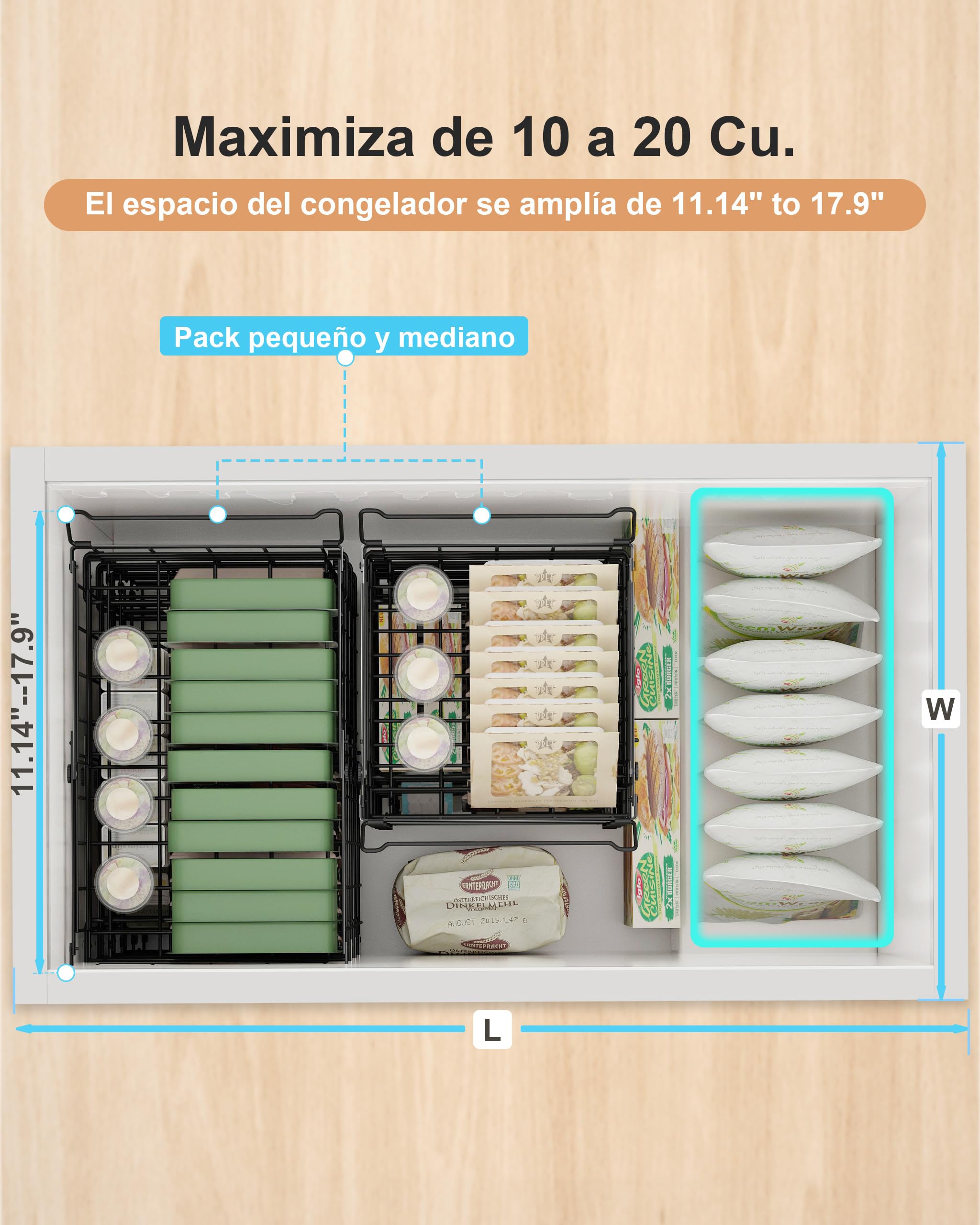 UMDONX Cesta para Congelador de 4 piezas negro - Cestas apilables para congelador con asa, para congelador de 283 a 566L, organizar ingredientes congelados,Longitud extensible (29-45x30x15cm)
