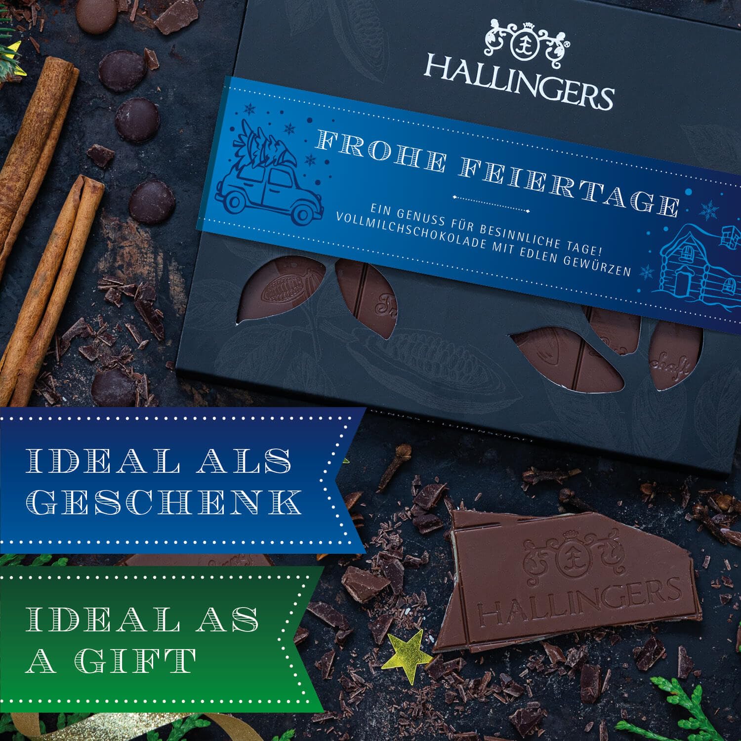 Hallingers Genuss Manufaktur Schokolade Weihnachts-Geschenk - Tafel Edelkakao handgeschöpft ohne Alkohol edler Karton 10x "Frohe Feiertage" Xmas-Gewürze, Weihnachten für Frauen Männer