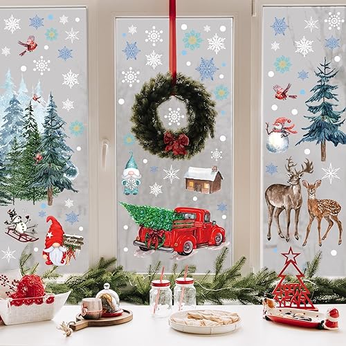 Miniatura 4 de GreenPine - Calcomanías navideñas para ventana, árbol de Navidad en acuarela, pájaro rojo, alce, copo de nieve, camión, decoración para oficina en