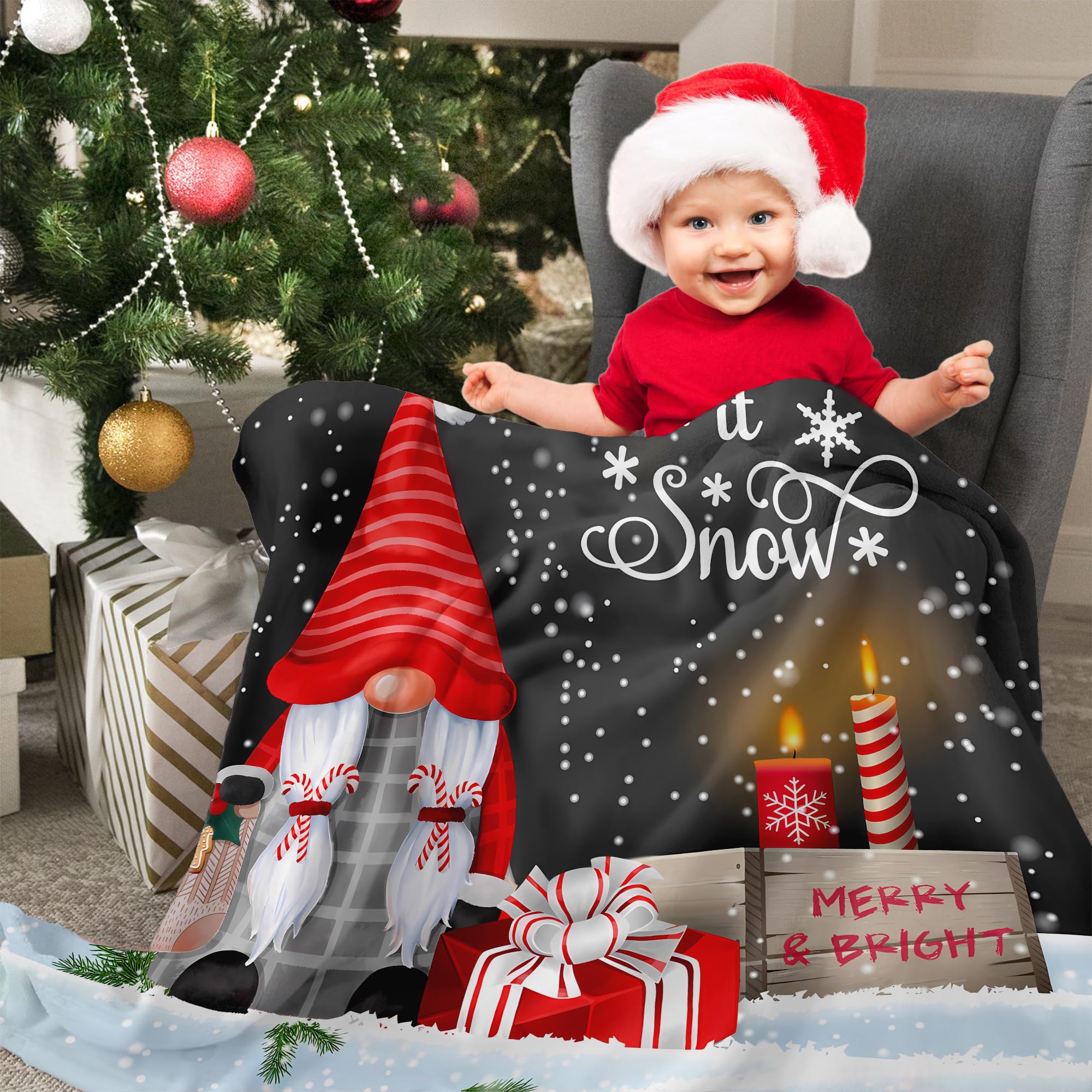 Abaysto Christmas Blanket Gnome Throw Blanket, Merry Christmas Blanket, Winter Snowflakess Flannel Blanket - Image 3