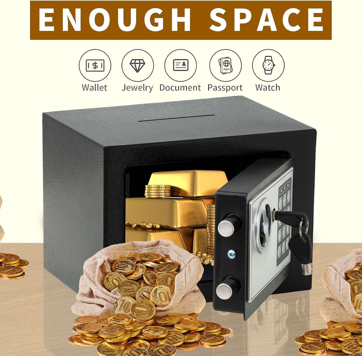 Small Digital Safe Box with Keypad, Electronic Security Safe with Key Lock, Compact Home Safe for Cash, Jewelry, Documents, Valuables