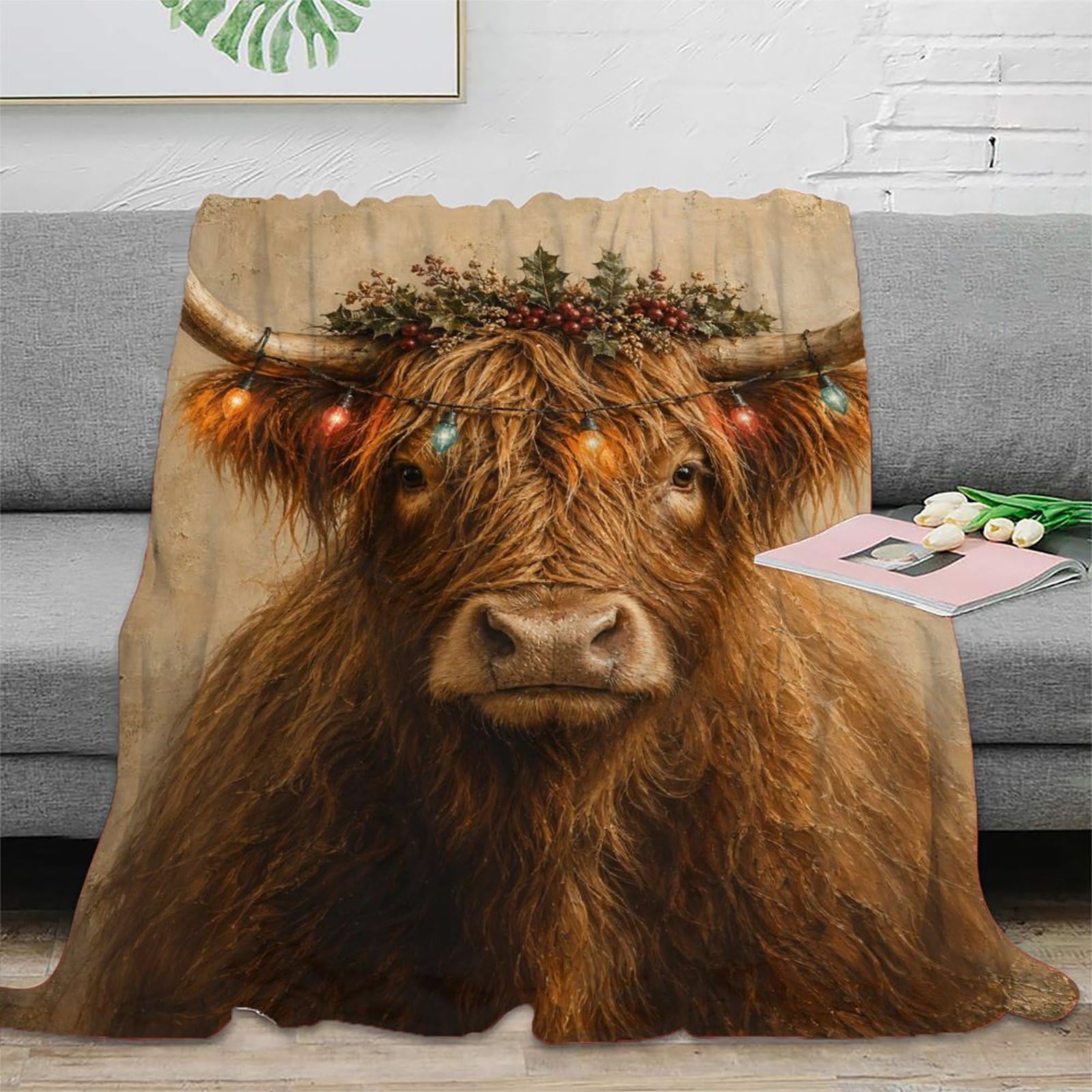 H3B8U2Y5 Highland Cow Floral Portrait Blanket, Textured Ranch, Nap