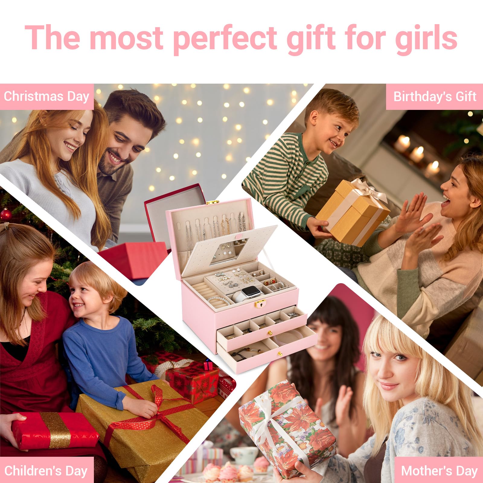 Joyeros Mujer Organizador,Caja de Joyas de tres niveles,Caja Joyero de viaje para collares,aretes,pulseras y anillos,con llaves y cerraduras.Adecuado tanto para niñas como para mujeres