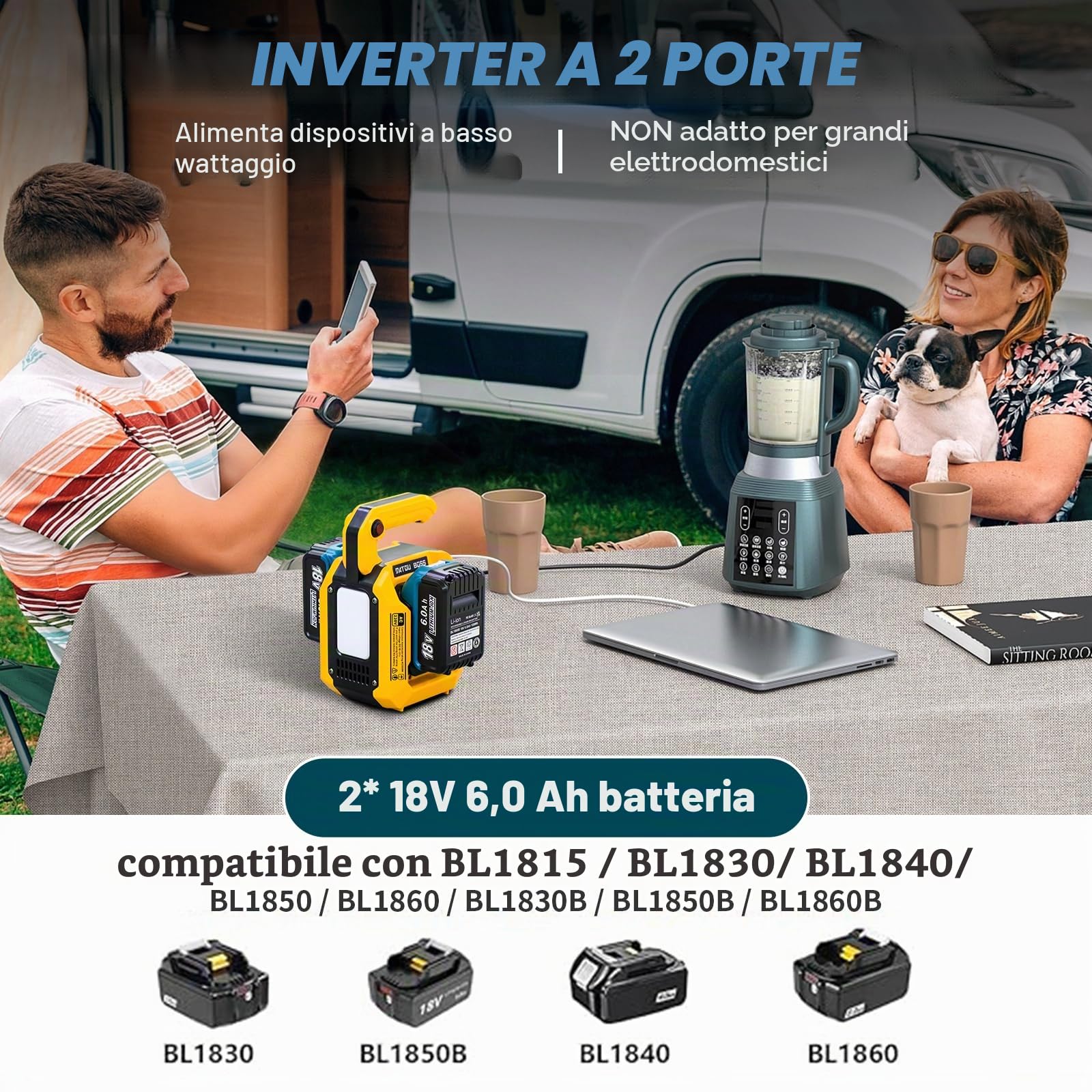 DATOUBOSS Inverter 500W 18V 230V a onda sinusoidale pura per batterie 18V a slitta serie BL18XX (tipo BL1815 BL1830 BL1840 BL1850 BL1860) portatile campeggio camper cantiere emergenza USB-C USB-A EU