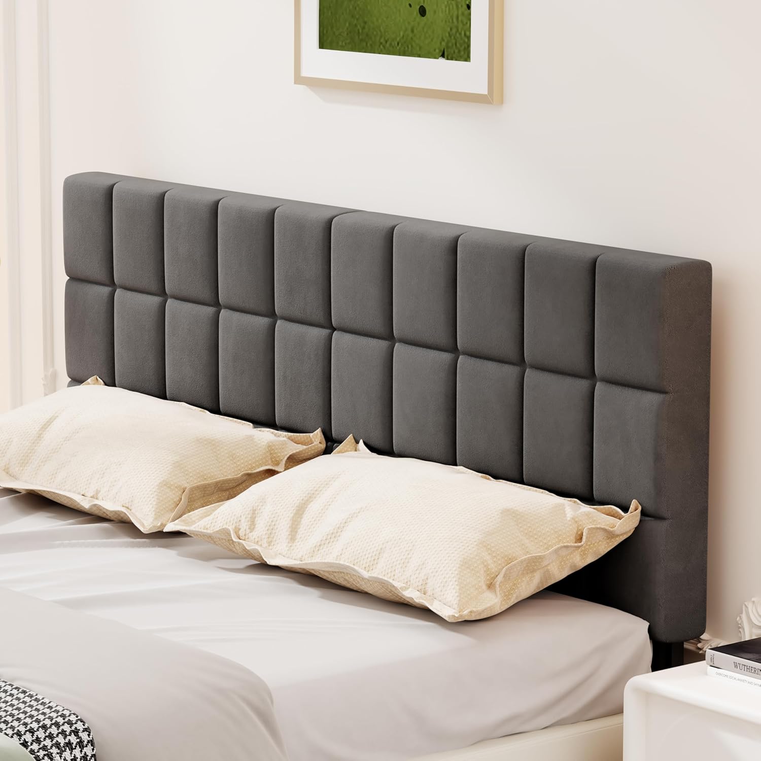ALISH Velvet Tufted Headboard with Adjustable Height and Width, Foldable Upholstered Headboard with Metal Legs for King Size (Gray Velvet, King)