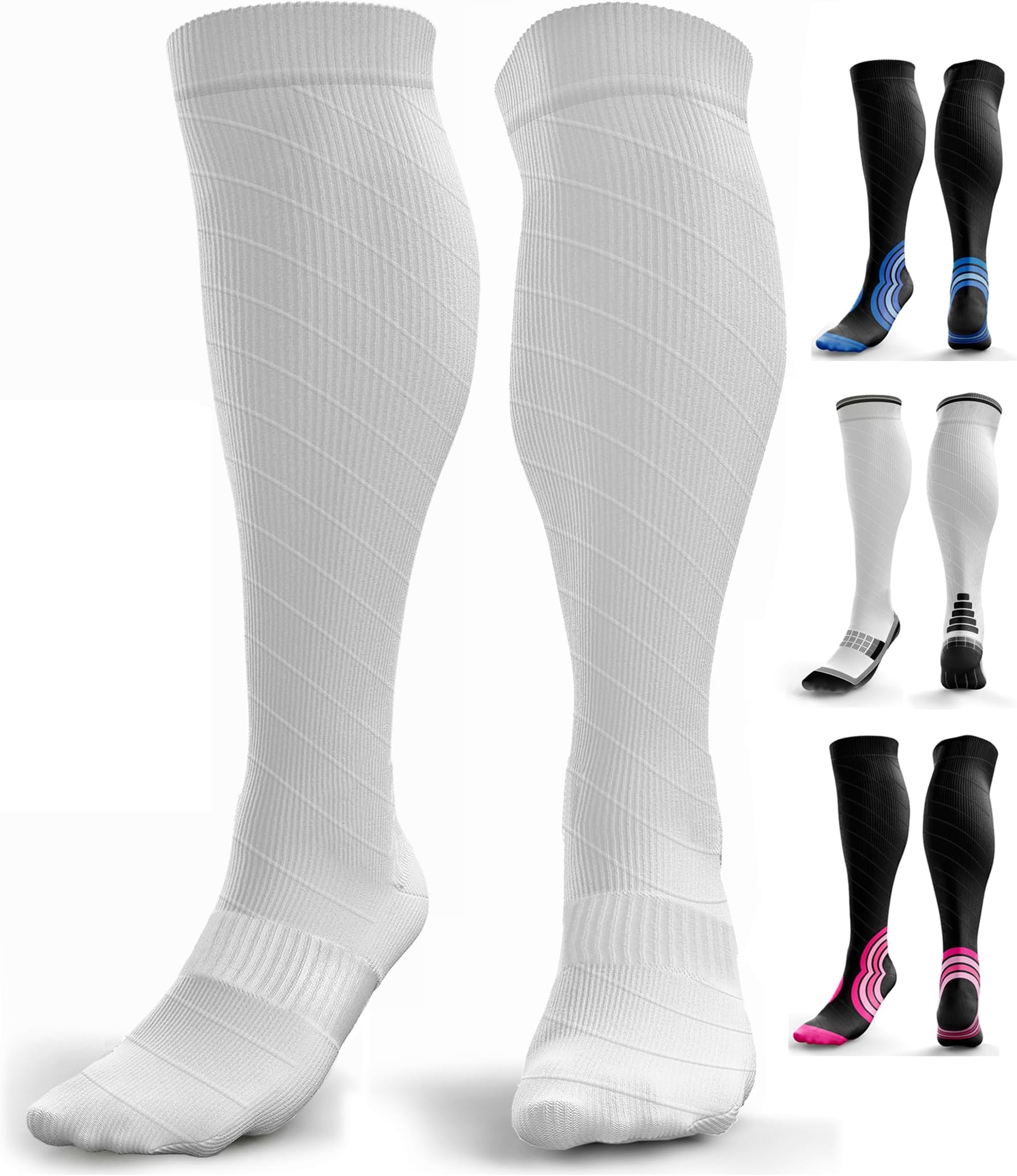 Compression Socks for Women & Men (20-30 mmHg) Knee-High Flight Socks, Graduated Ankle and Calf Support for Travel, Running - Seamless Toe, Padded Heel and Sole