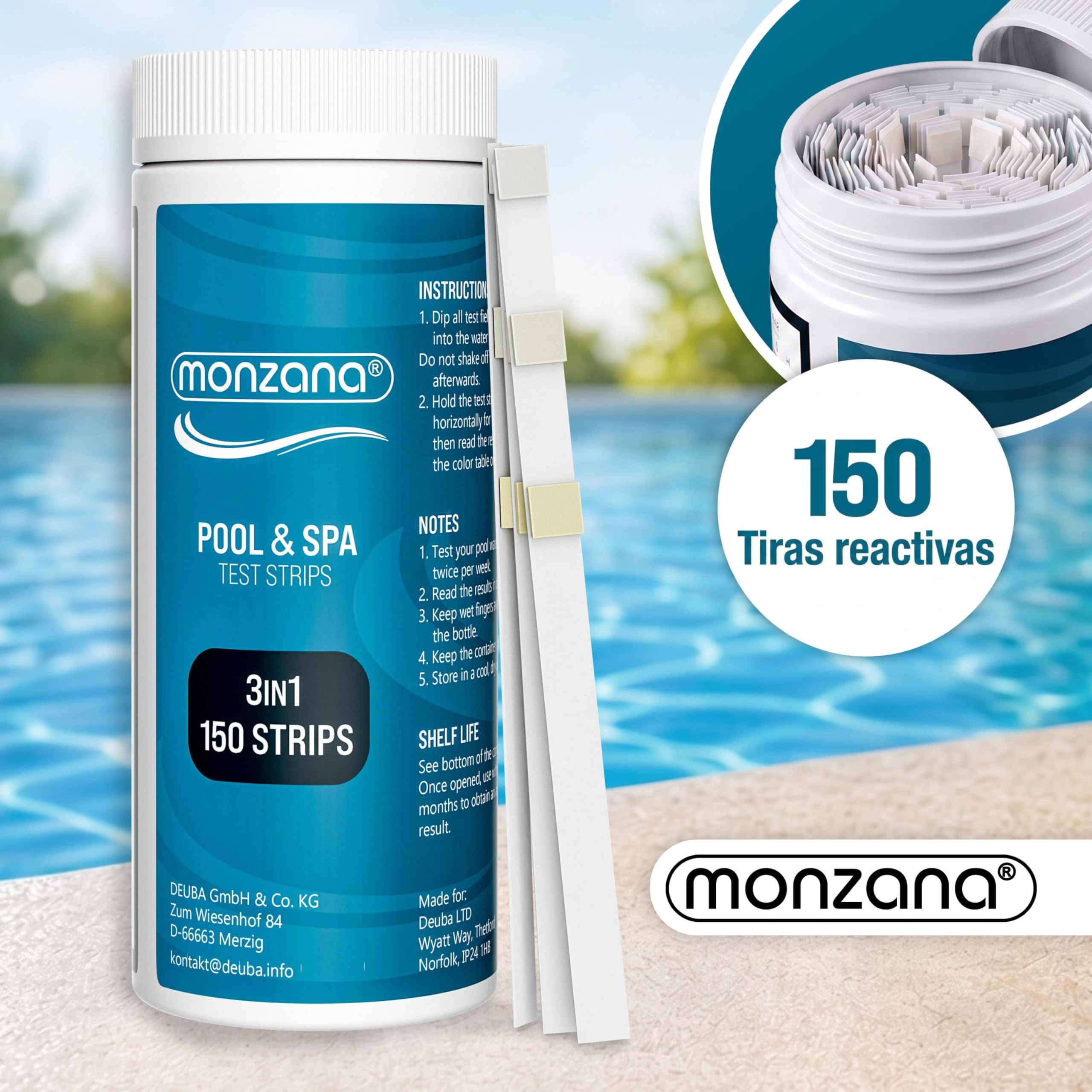 MONZANA® Dispensador Cloro Piscina para Tabletas de 20-200 g Incluye 150 Tiras Reactivas 3 en 1 PH Dosificador Flotante con Termómetro Resistente Rayos UV Duradero