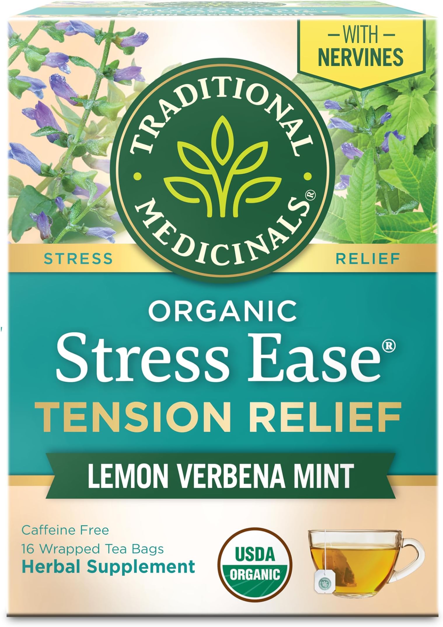 Organic, Stress Ease Tension Relief, Lemon Verbena Mint Tea - Supports Stress Relief - Kosher, Non-GMO, Caffeine-Free, Compostable - 16 Tea Bags