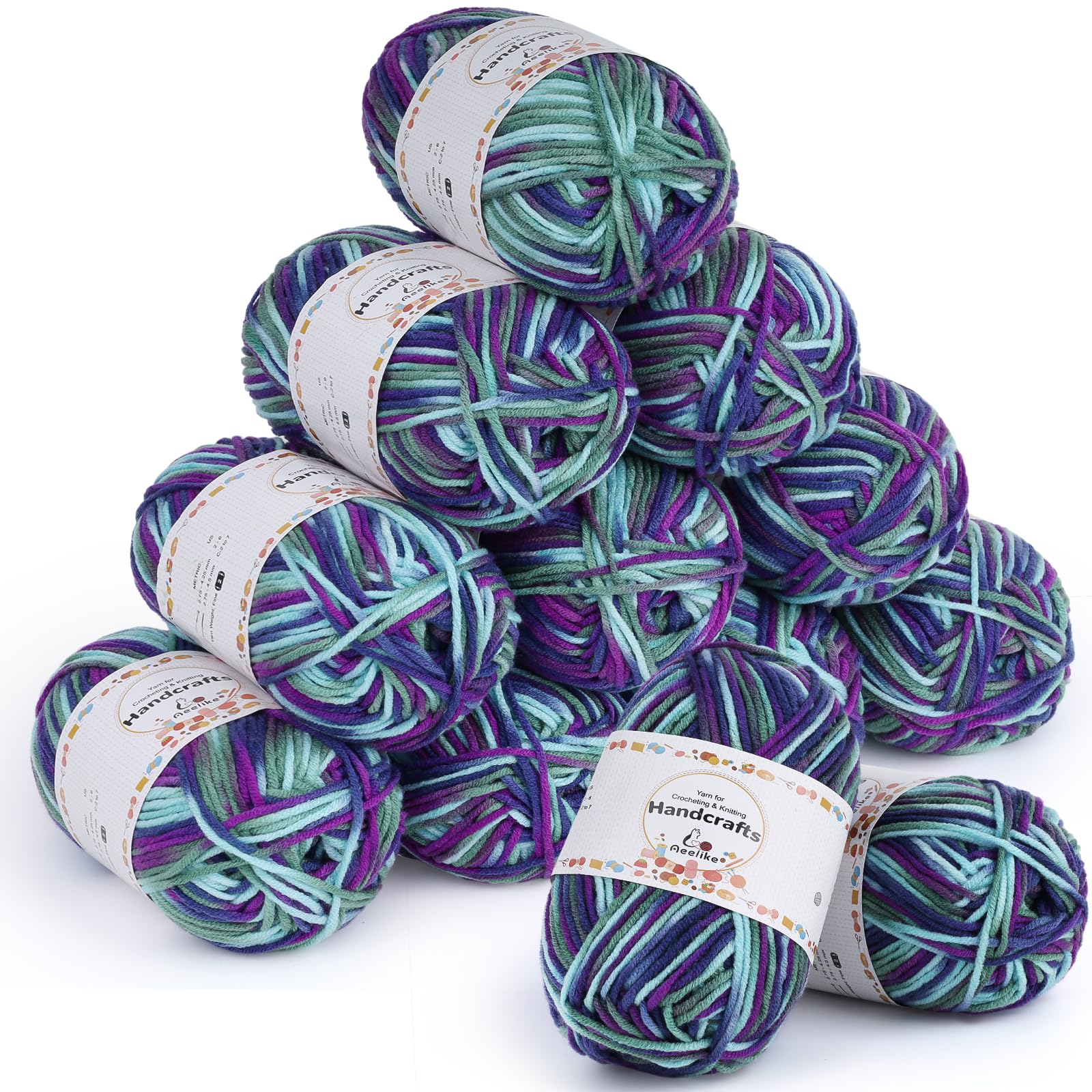 Aeelike 600 g (12 x 50 g) Wool Colour Gradient Cotton Yarn for Crocheting, Violet Teal