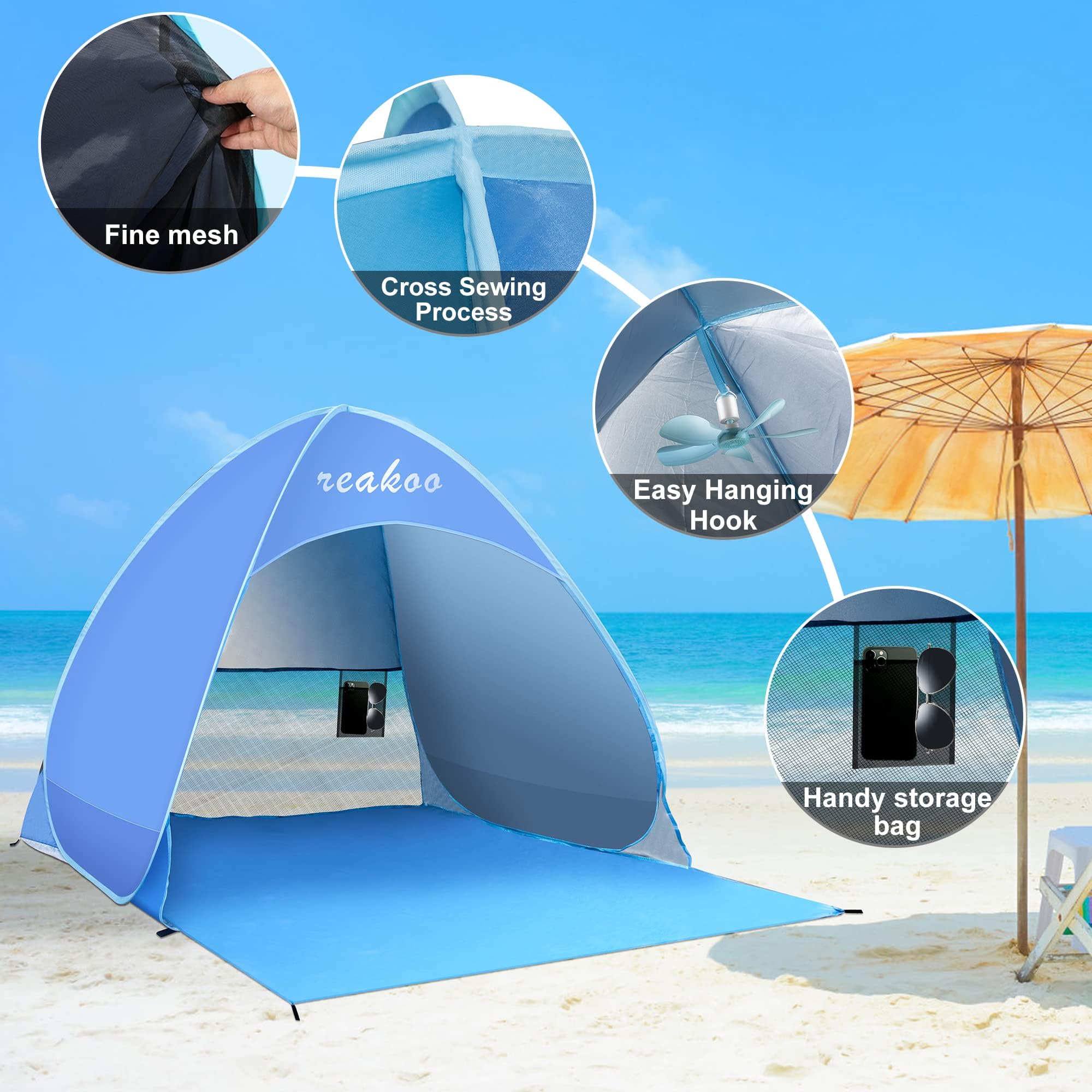 Tente de Plage Automatique, Portable Abri de Plage Pop Up, Tente Anti UV, Protection Solaire UV UPF 50+ pour 3-4 Personnes
