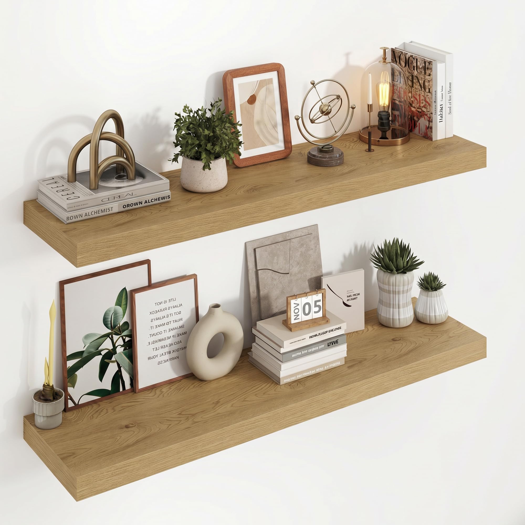 Acovy Lot de 2 étagères murales flottantes en bois, 23,5 cm de profondeur, 100 cm de long, pour salon, salle de bain, chambre à coucher, cuisine, chêne