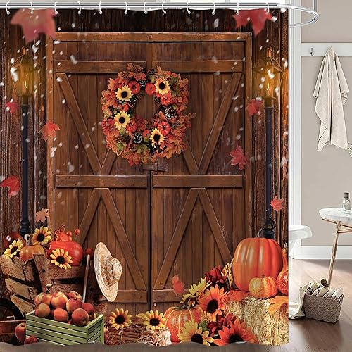 Miniatura 9 de Cortina de ducha de espantapájaros de otoño, cosecha de calabaza, Acción de Gracias, heno de granja, cortinas de baño para el hogar, juego de