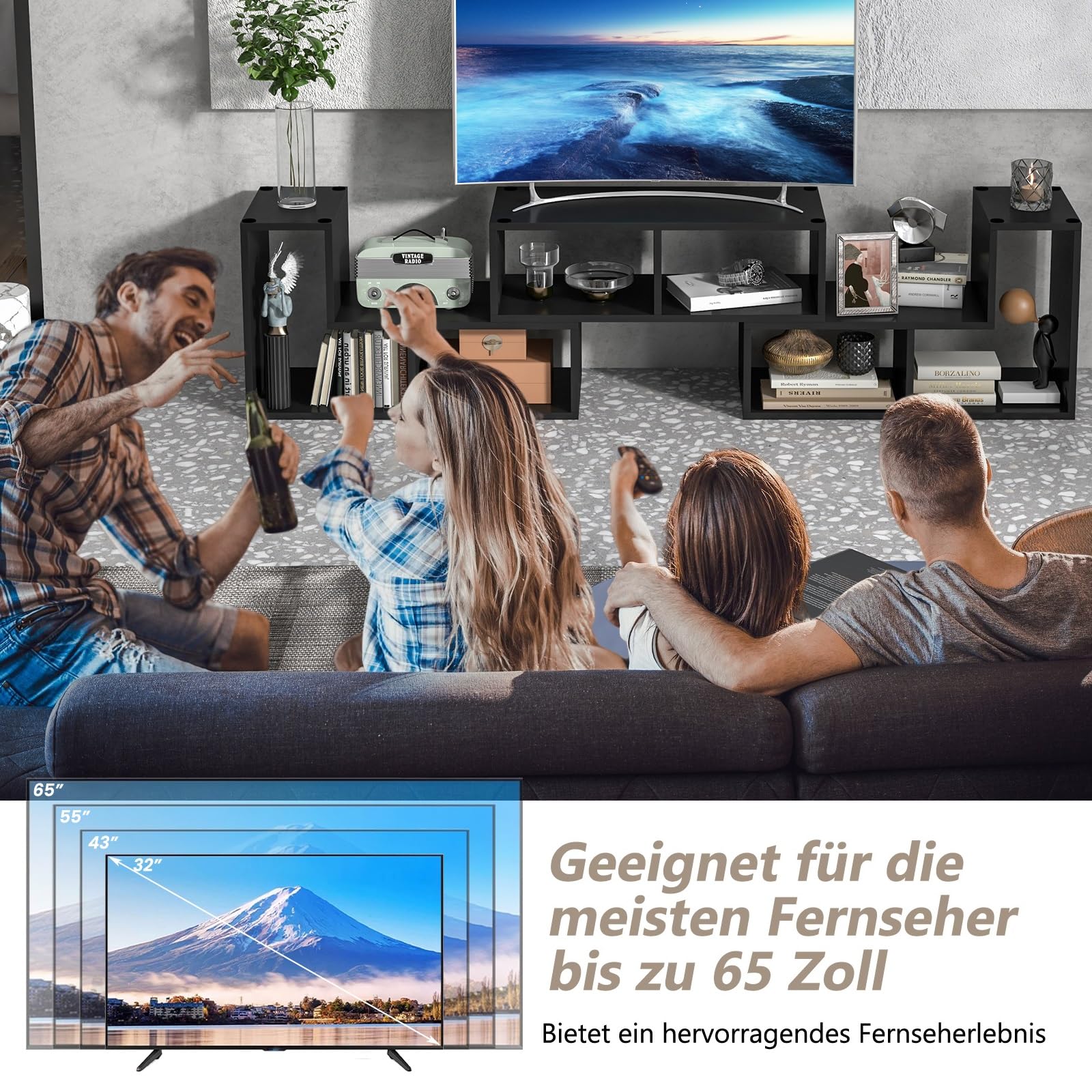GIANTEX Fernsehschrank TV Schrank frei kombinierbar, Fernseher Regal Holz 180x30x43 cm, Sideboard TV Board Lowboard modular 3 teilig, Fernseher Schrank Fernsehtisch für 65 Zoll Fernseher, Schwarz