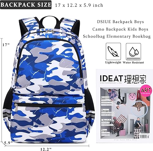 Miniatura 5 de DSIUE Mochilas para niños, bolsas escolares para niños, juego de bolsa de libros y lonchera, color azul camuflaje