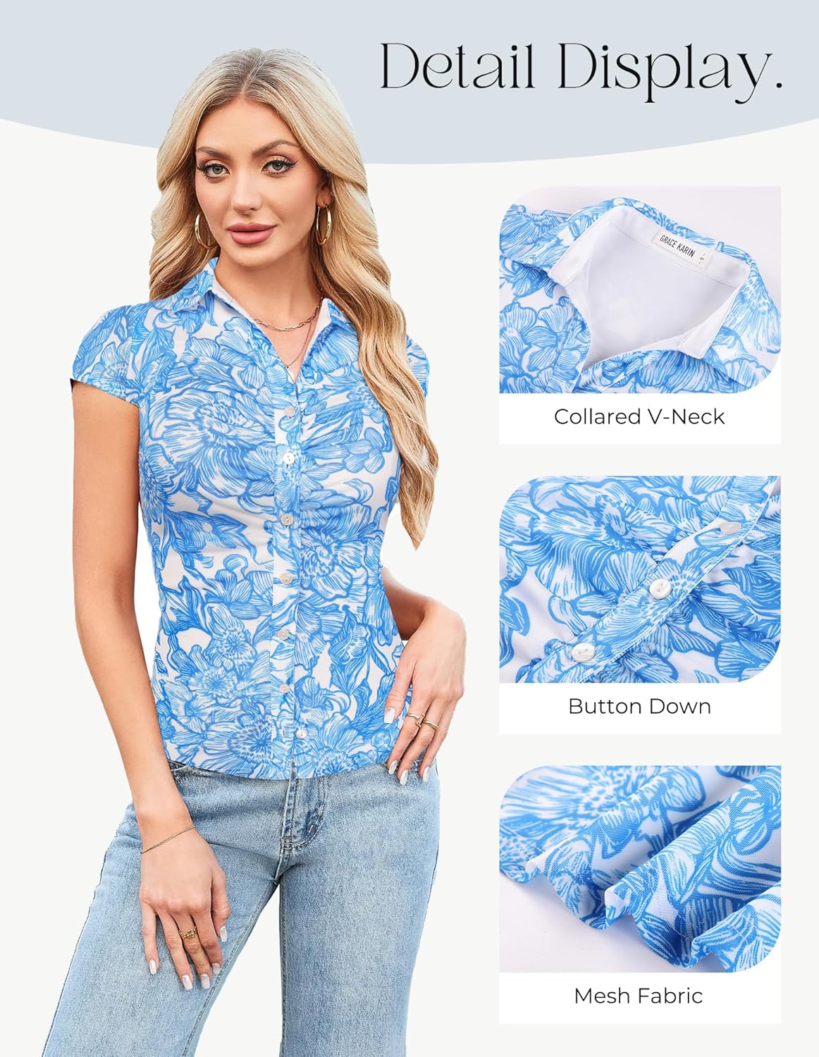 GRACE KARIN Women Mesh Boho Tops Dressy Casual, Short Sleeve Button Down Collared Shirts, 2026 Summer Fashion Floral Blouses - Image 2