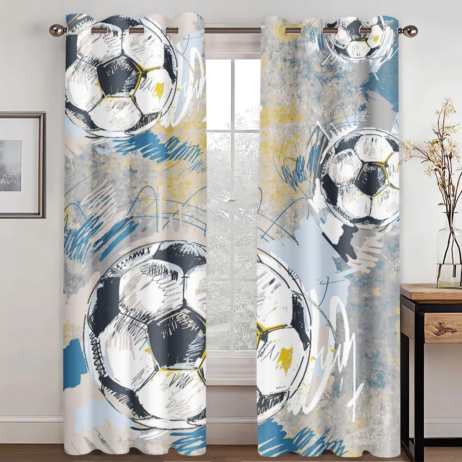 WEQEER Football Sports Field Curtains, Blue 3D Football Pattern Eyelets Curtains, Colourful Football Children's Blackout Curtain, Boys Curtains for Bedroom (8.183 x 160 cm (2 x 91 x 160 cm))