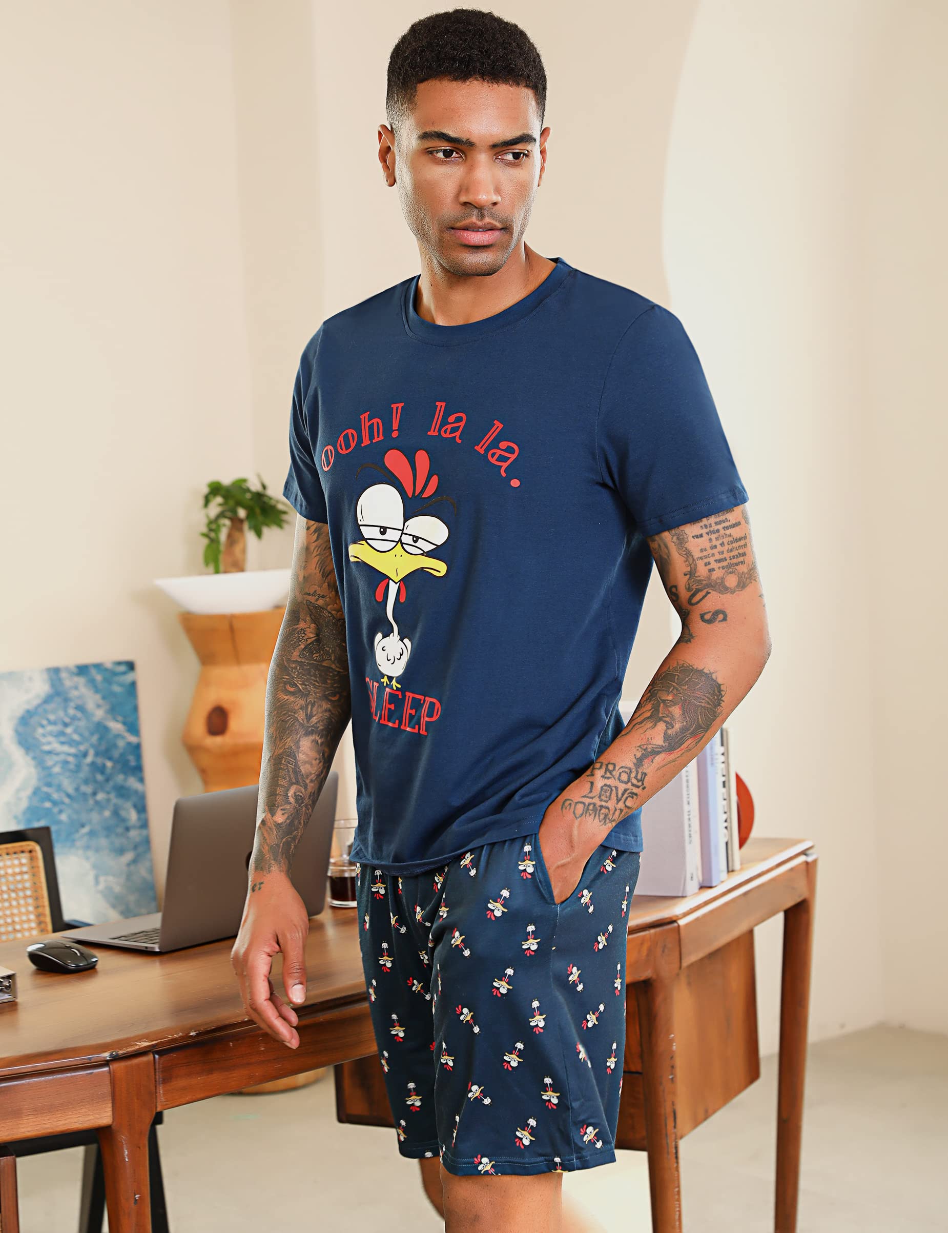 Pigiama da Uomo in Cotone Pigiama Estivo Corto Set Manica Corta Modello Carino Stampa Sleepwear Loungewear