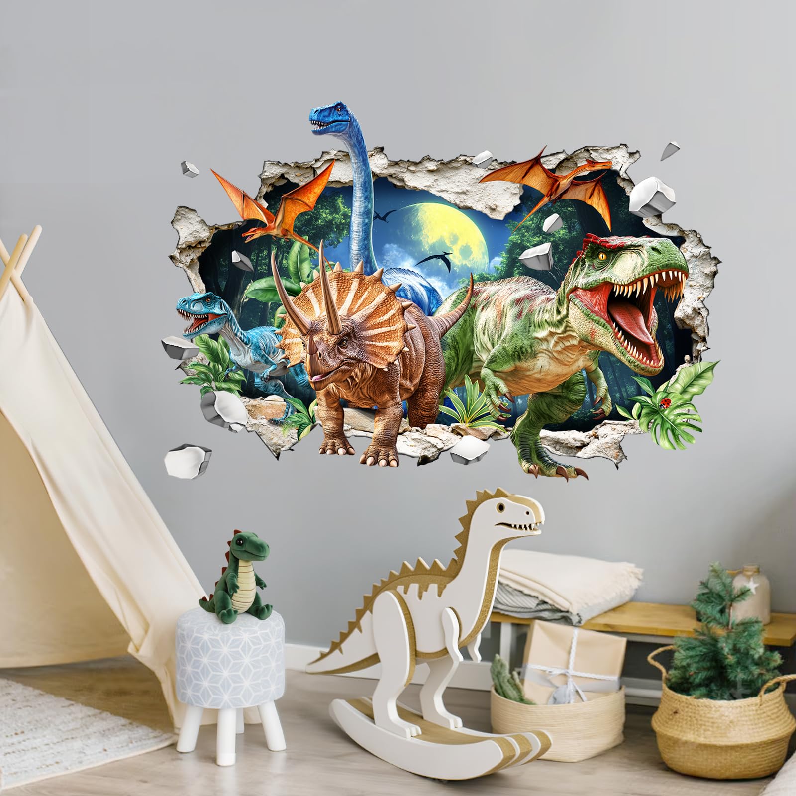 Supzone 3D Adesivi Murali Dinosauri Bambini Grande Adesivi da Parete Tirannosauro Rex Decorazione Camera da letto Asili Camerette Bambini Sala Giochi Camera Ragazzi(78 x 118cm)