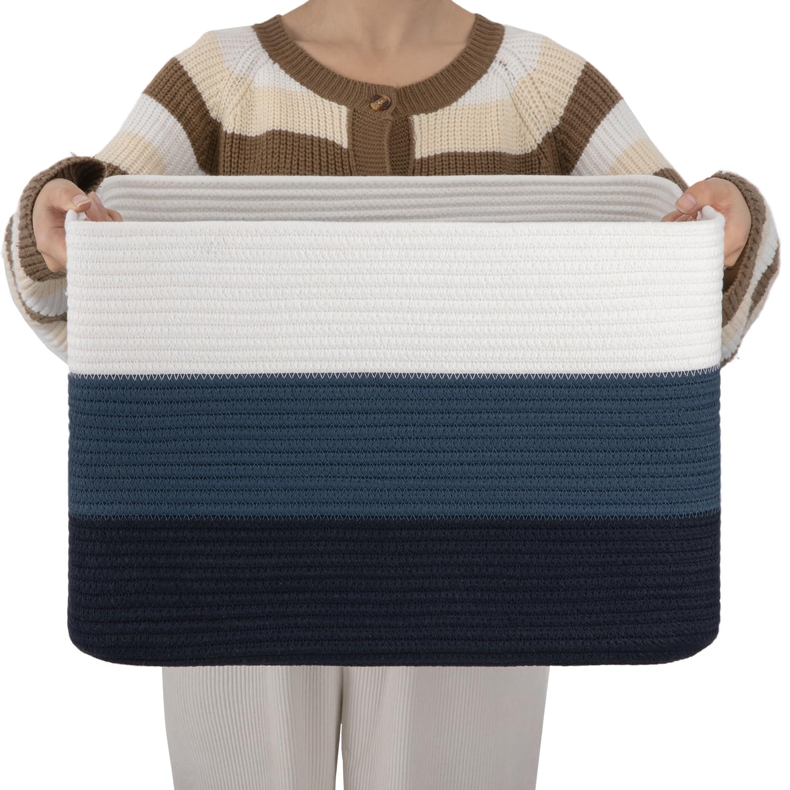 OIAHOMY Cotton Rope Basket, Rectangle Woven Baskets for Storage, Nursery Blanket Basket Living Room, Toy Basket With Handle, Baskets for Organizing-18”x14”x12”-Gradient Blue