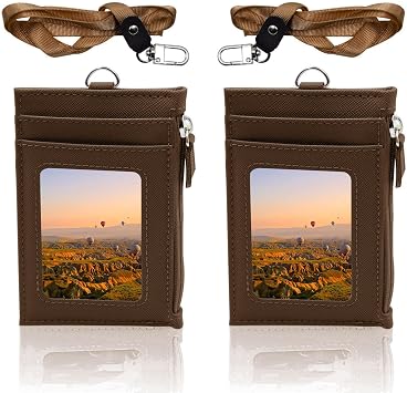 2 Pack PU Leather Badge Holder with Zipper Pocket, Badge Holder Wallet with Lanyard, ID Badge Card Holder with 4 Card Slots and 1 Zipper Pocket, Coffee