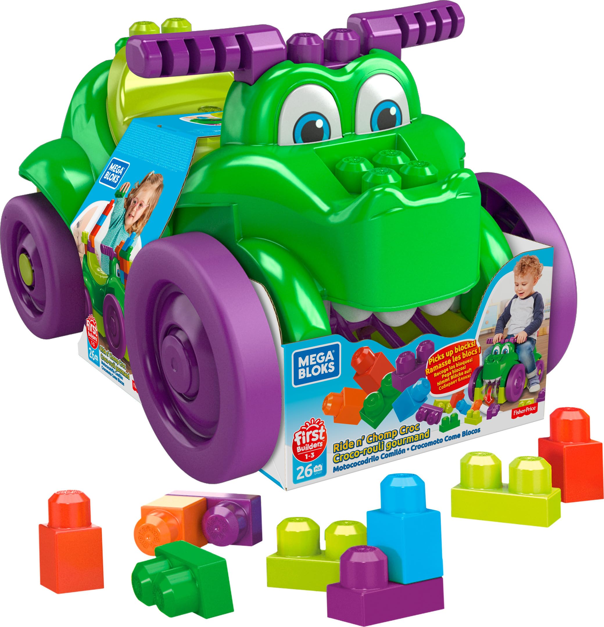 Mega Bloks First Builders Ride 'n Chomp Croc with Big Building Blocks, Building Toys for Toddlers (26 Pieces) GFG22