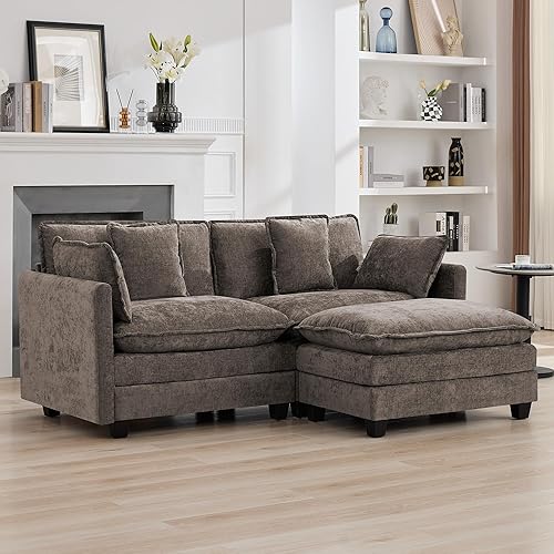 Miniatura 41 de Sofá seccional de 111'' con asiento profundo tipo nube, sofá seccional moderno y cómodo de chenilla en forma de L para juego de sala de estar, sofá