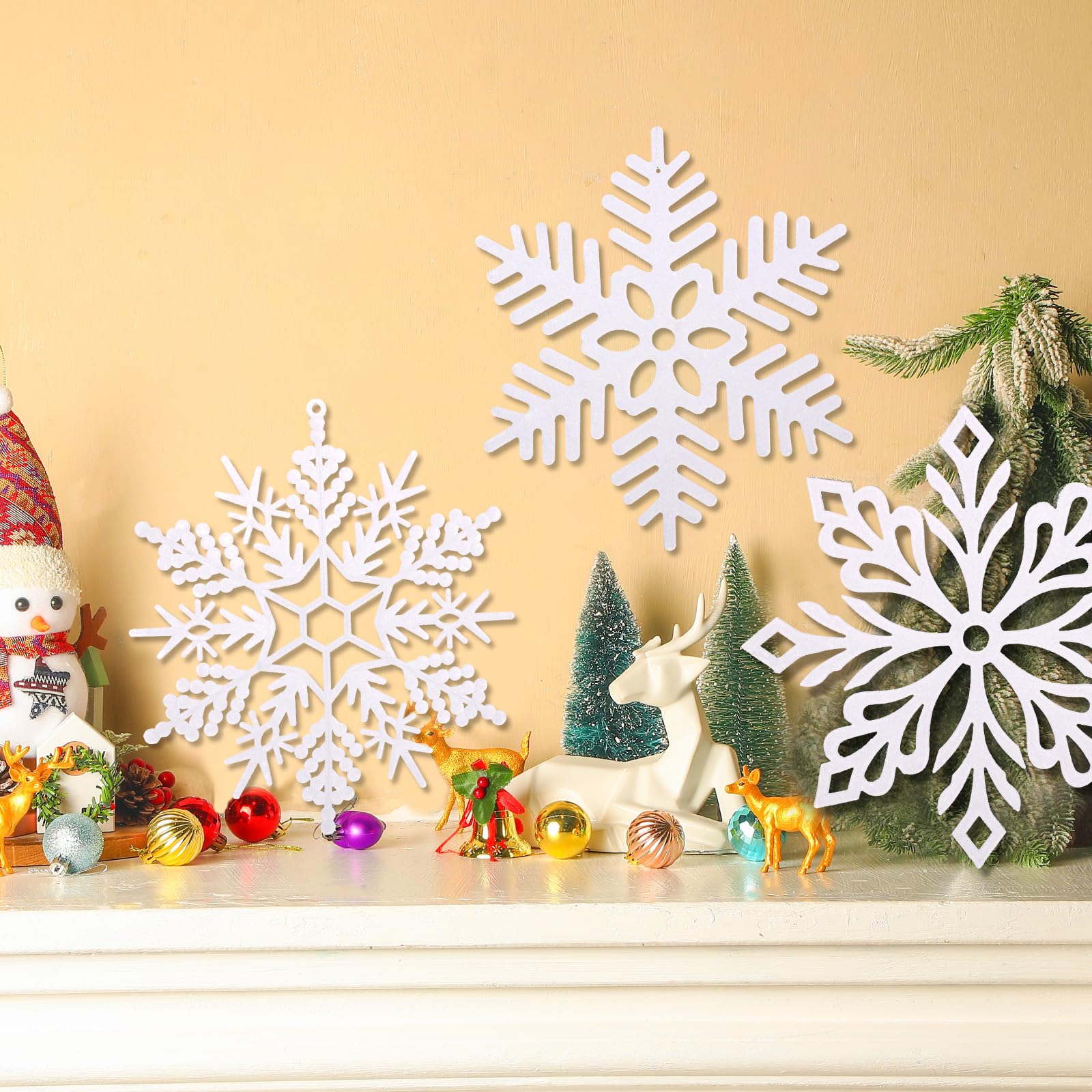 Sratte Lot de 24 grands flocons de neige géants à paillettes en plastique à suspendre pour intérieur et extérieur (30,5 cm, blanc)