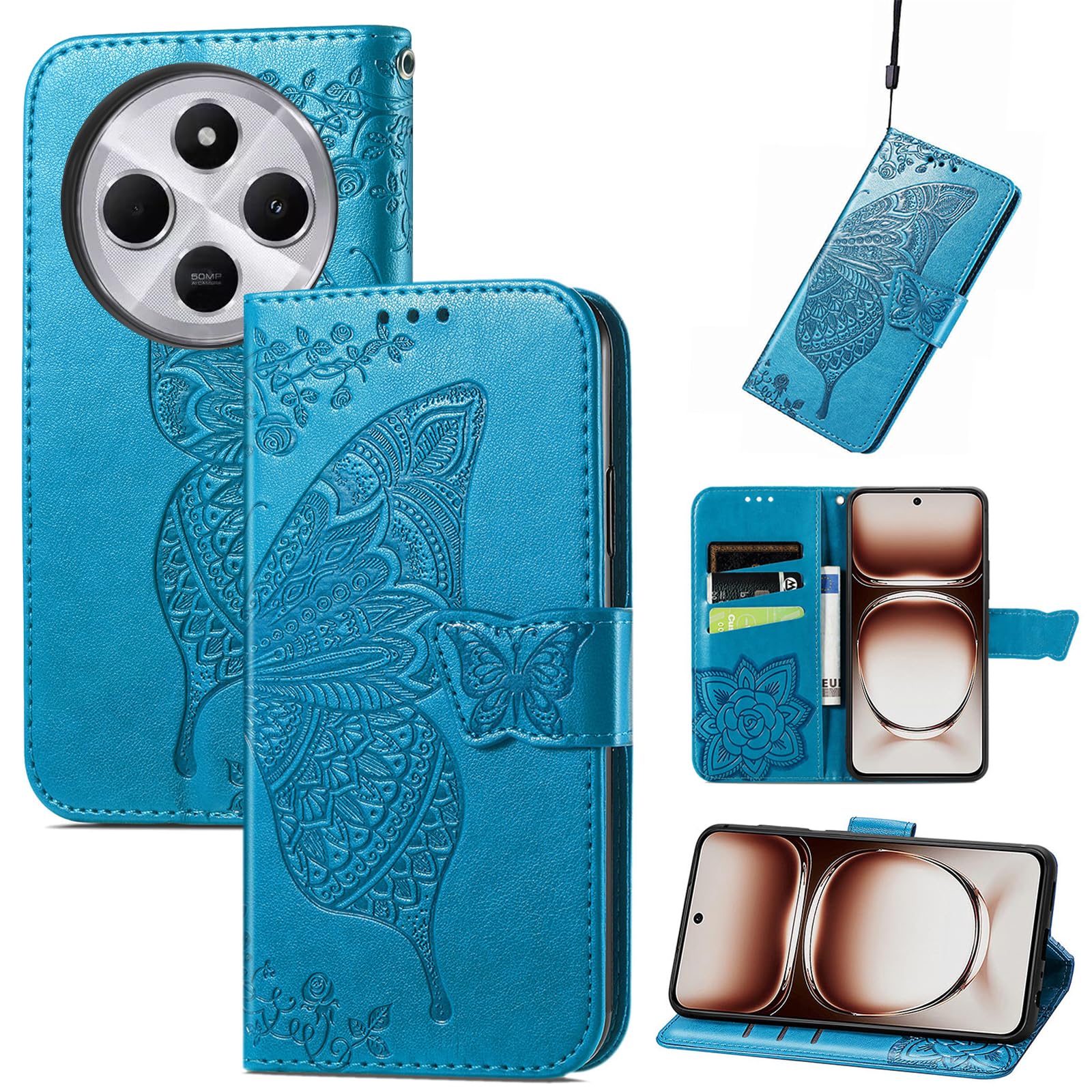 Cover Portafoglio Per Xiaomi Redmi 14C / Poco C75, Custodia In PU Pelle Con Farfalle 3D, Supporto Stand E Slot Per Carte, Blu - 4