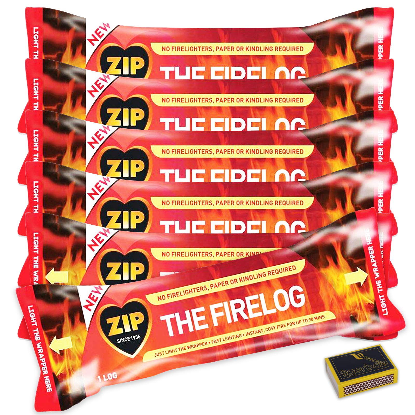 9 X ZIP Firelog. Instant Smokeless Fuel - DEFRA Approved! Fast Lighting Clean Burning, Easy, Cosy Fire for up to 90 Minutes & Tigerbox Safety Matches