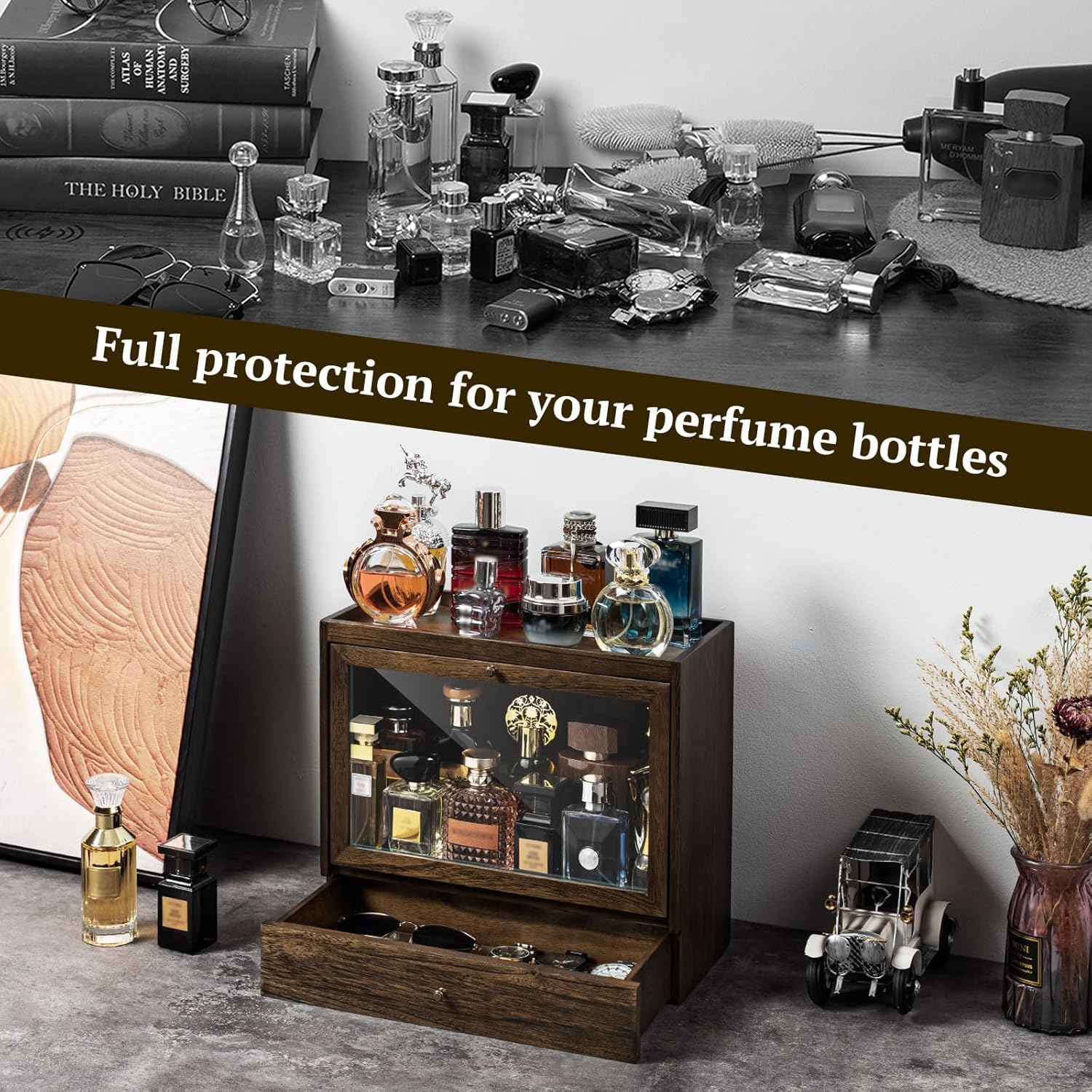 Estante de almacenamiento de colonia para hombre, organizador de perfume de tocador masculino de madera maciza, espacioso soporte de colonia a prueba de polvo con cajón, regalo perfecto para seres