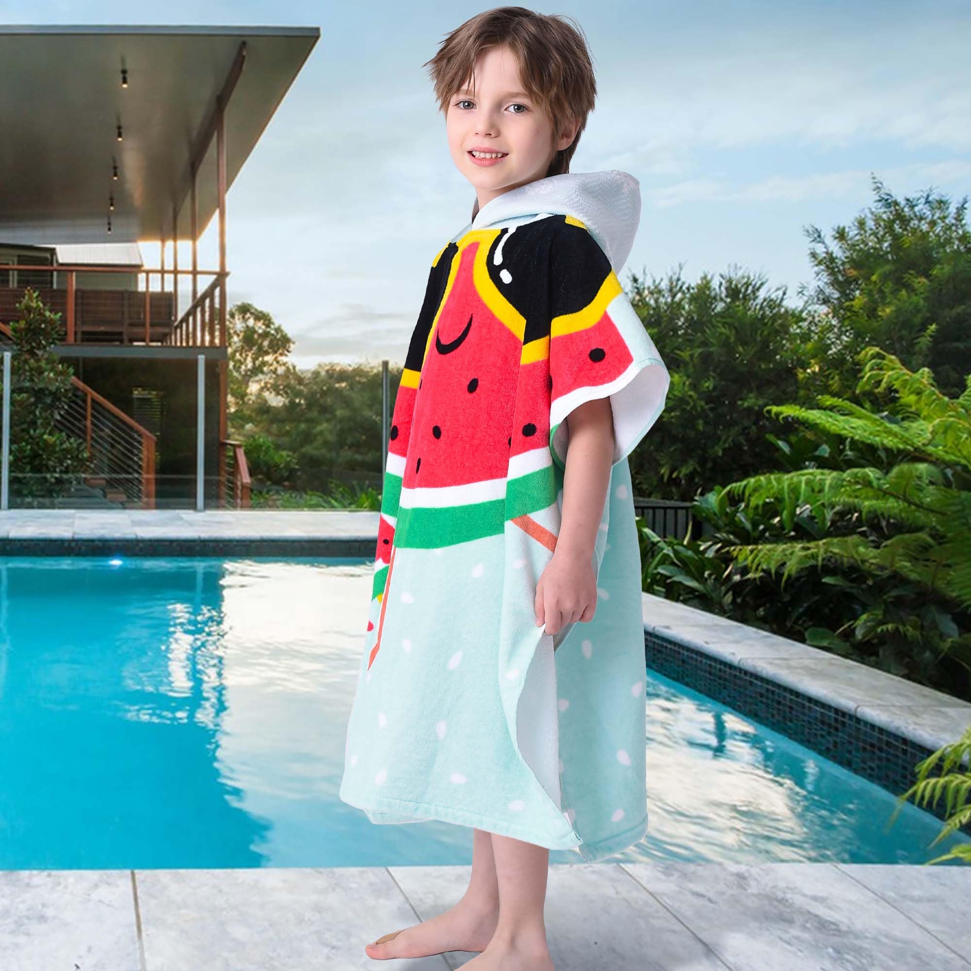 VOOVA & MOVAS Toallas de playa para niños con capucha (4-8 años) de algodón suave súper absorbentes, toalla poncho de piscina para niños y niñas, perfecto para verano, natación, regalos, sandía